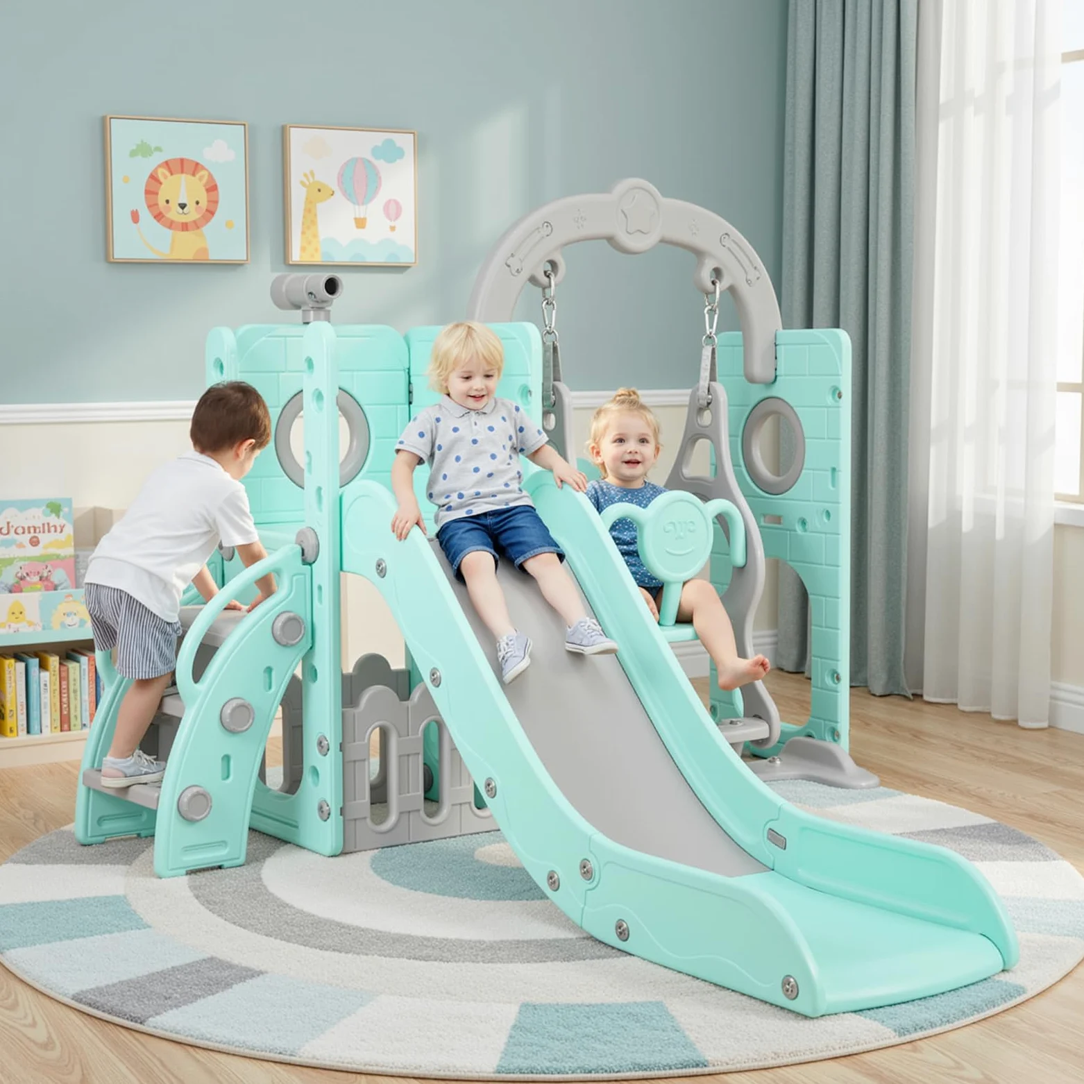 Tobogán y Columpio, Parque Infantil 5 en 1, con Tobogán Largo, Columpio, Escalada, Telescopio de Juego, Almacenamiento, Tobogán para Interior y Exterior, Juego de Tobogán para Bebé, Verde Gris