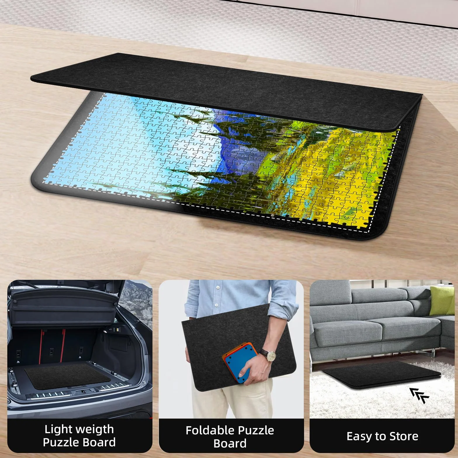 MOZOOSON Tablero de Rompecabezas Plegable, Puzzle Board 1500 Piezas, Accesorios para Mover y Guardar, Tapete Puzzle Portátil 8 Bandejas de Clasificación + 1 Cover