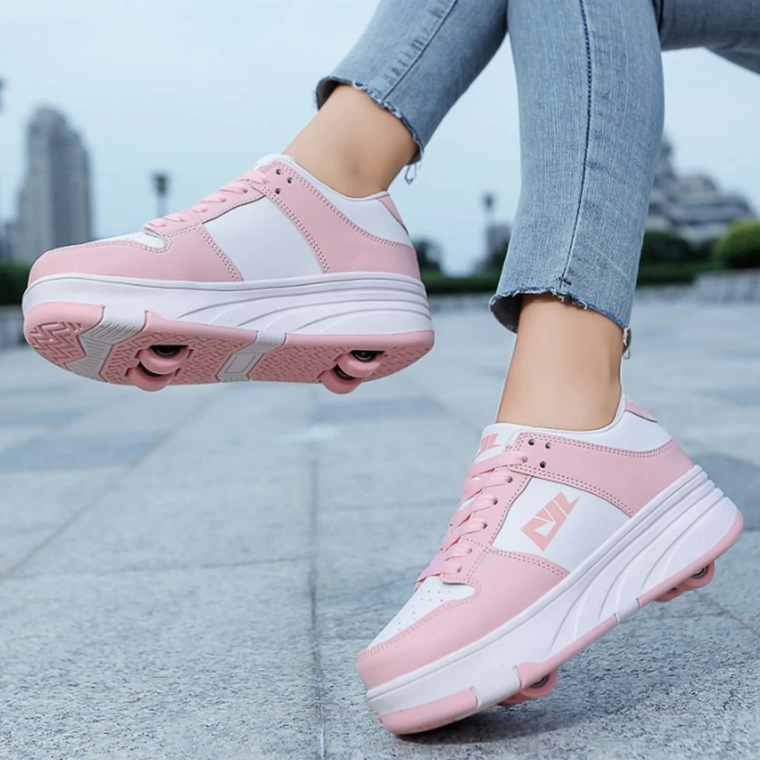 Hixingo Zapatillas con Ruedas Niña Niño, Zapatos con Ruedas Negro Rosa Patines Transpirable Calzado Skateboarding
