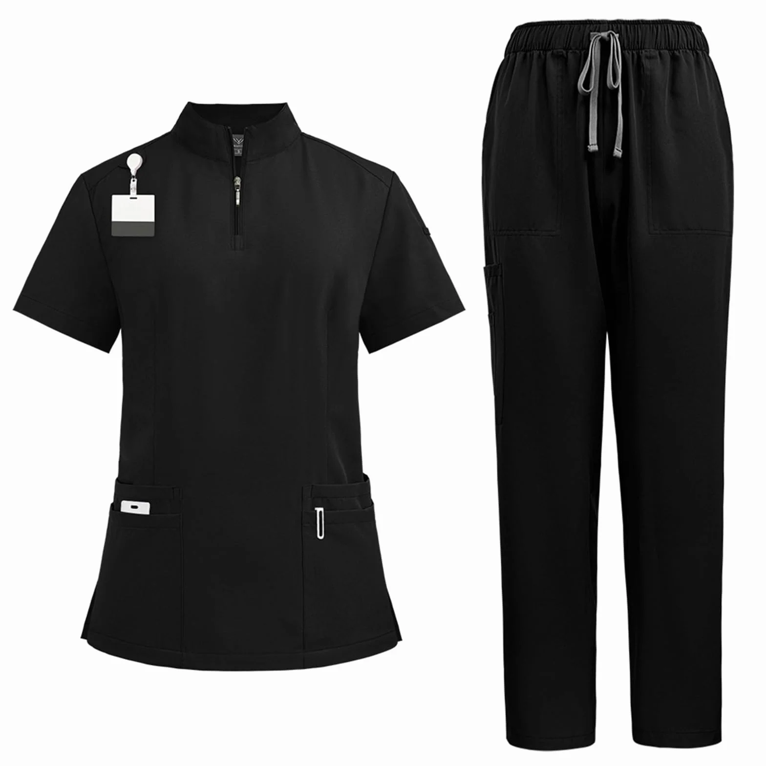 Set de uniformes médicos para mujer DK50 con cuello en V y cremallera, cuatro bolsillos, pantalón de yoga elastizado