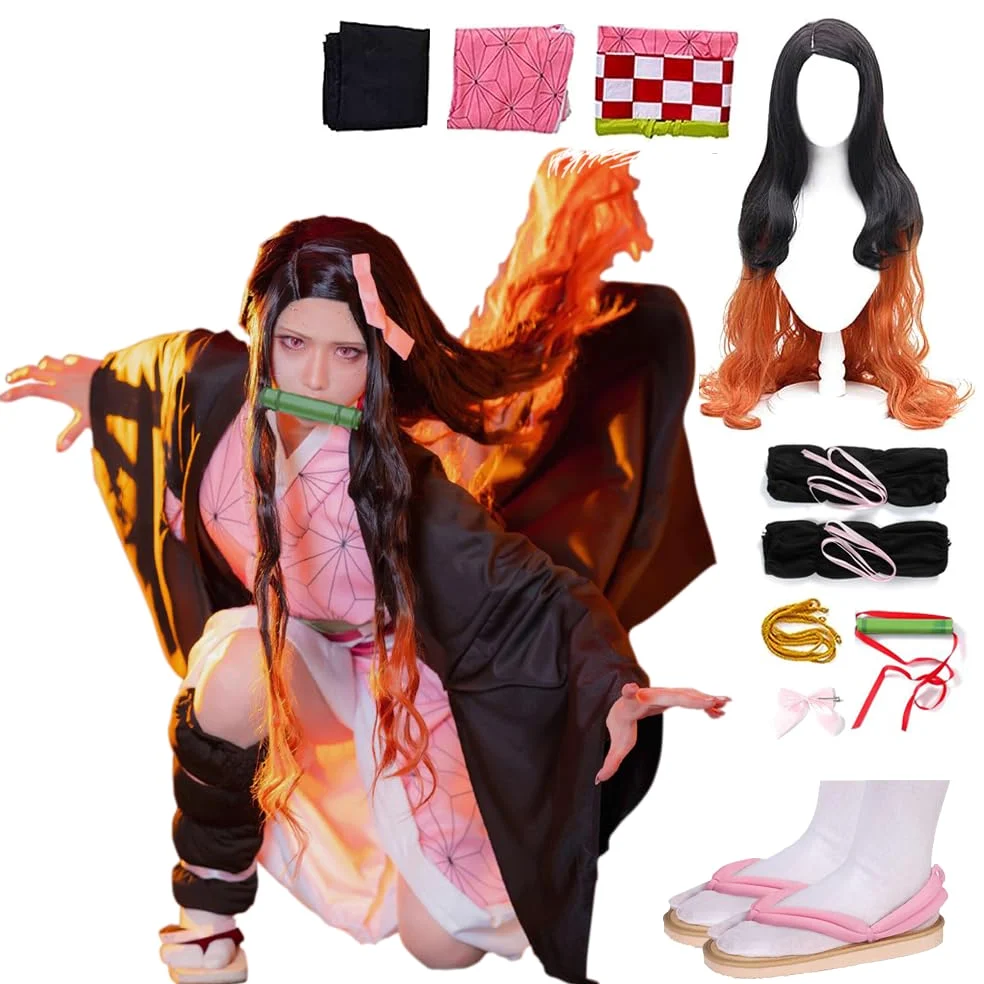Conjunto completo de disfraz de anime de Halloween para mujer, para fiesta, cosplay, capa, kimono con pantuflas y peluca