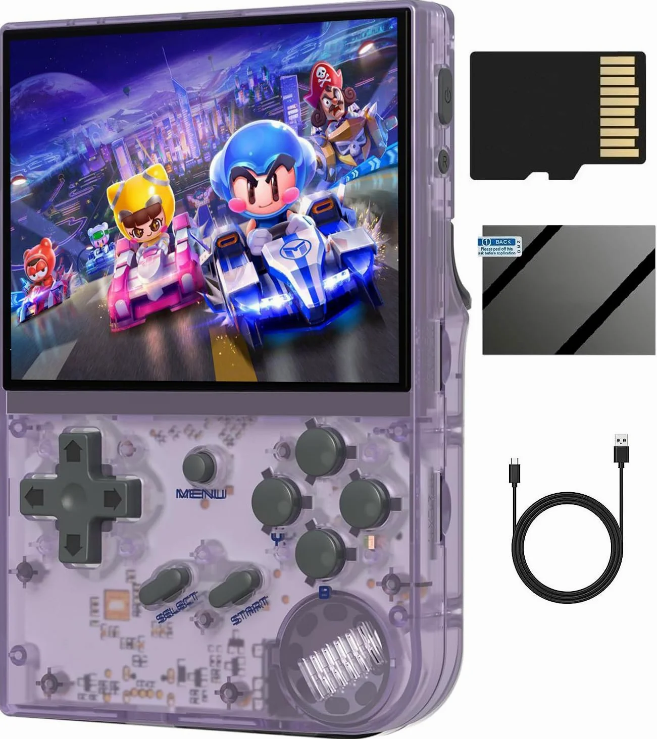 RG35XX - Consola de juegos de mano retro, pantalla IPS de 3.5 pulgadas, sistema Linux integrado, tarjeta TF de 64 G, más de 5000 juegos (morado transparente)