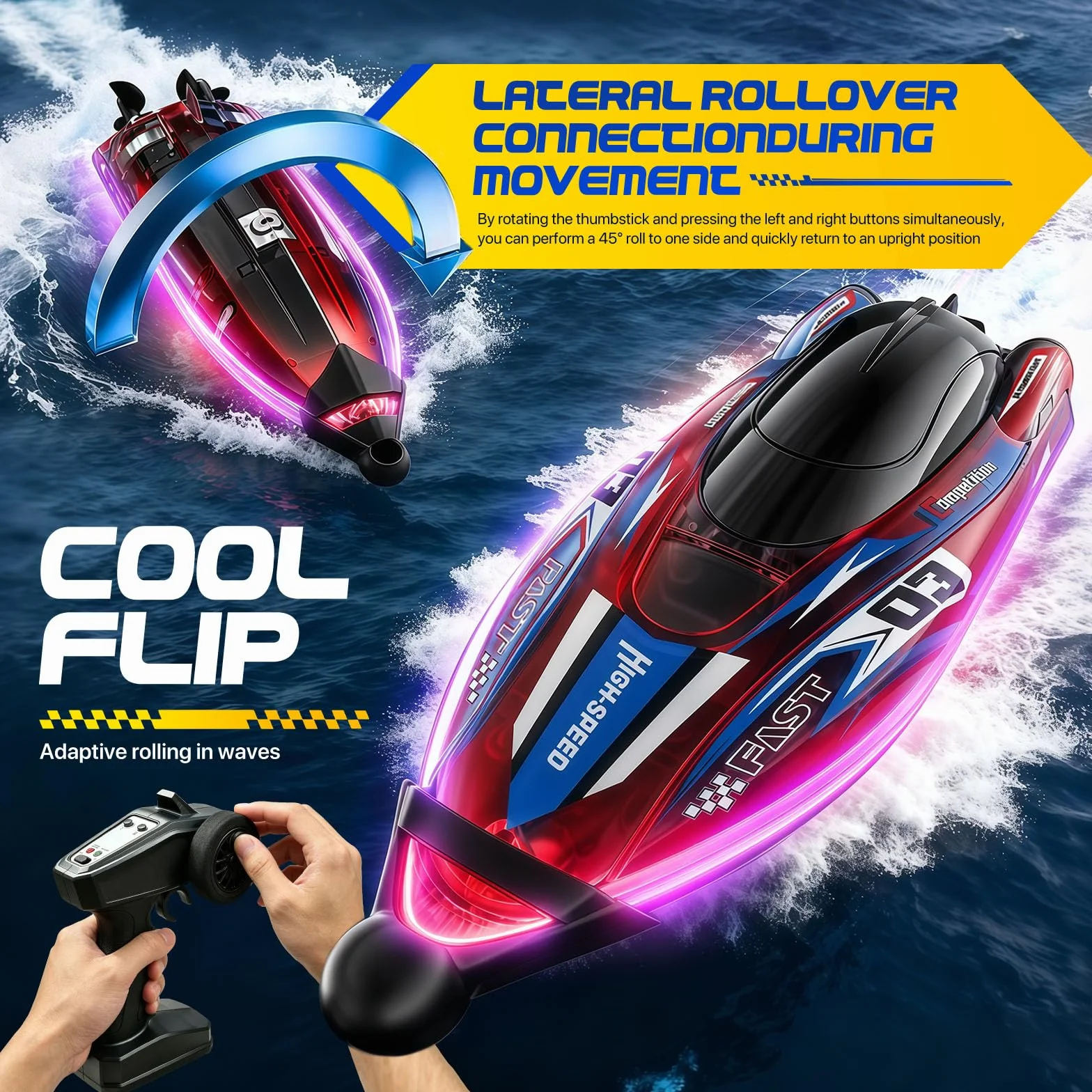 Barco Control Remoto Velocidad 25 Km/H, Receta Automática De 360°,Barco Rc Luces Led, Resistente A Golpes Y Resistente A La Impermeabilización, Radiocontrolado 2,4 Ghz, Juguete Acuático Ideal Para