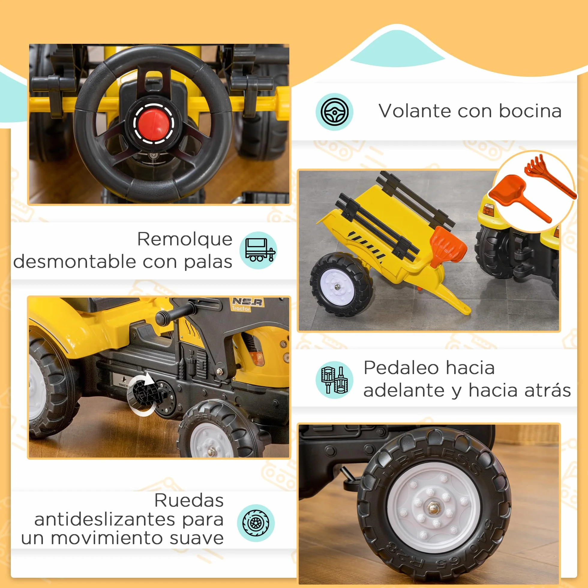 HOMCOM Tractor a Pedales para Niños de 3 Años Excavadora Infantil Juguete de Montar con Remolque Extraíble y Pala Delantera Carga 35 kg 167x41x52 cm Amarillo