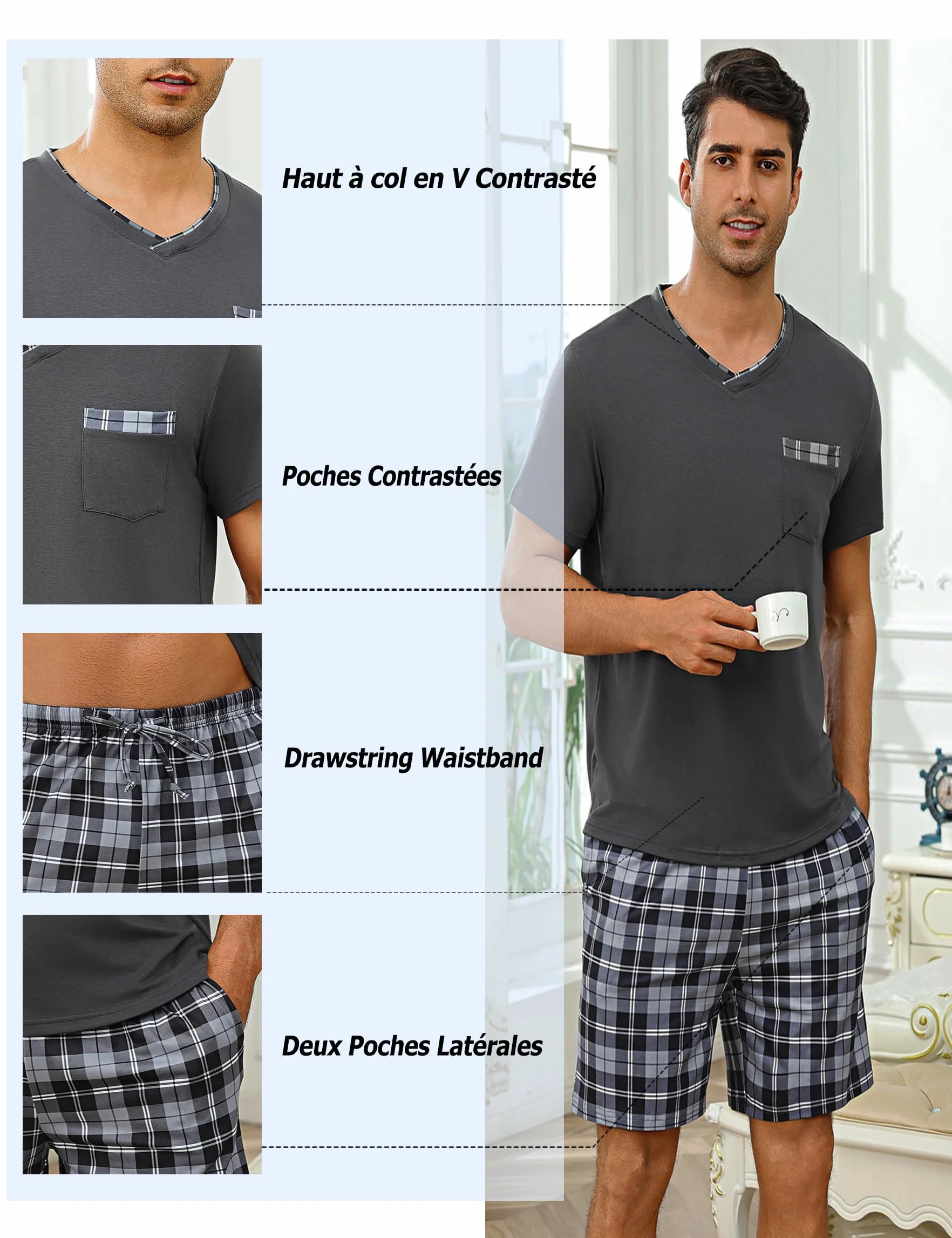 Pijamas de Verano Hombre 2 Piezas Corto Conjunto de Pijama a Cuadros con Cuello en V S-3XL