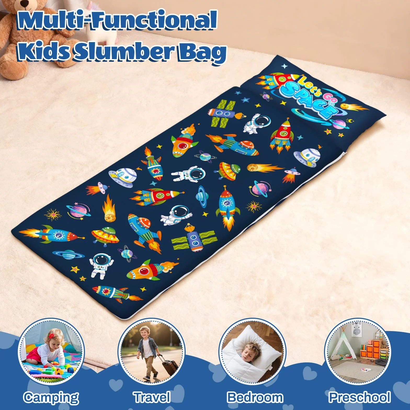 Saco de Dormir para Niños con Almohada, Tapete de Siesta para Niños y Niñas, Cálido Saco de Dormir de 150 x 60 cm, Tapete de Dormir Enrollable con Doble Cremallera