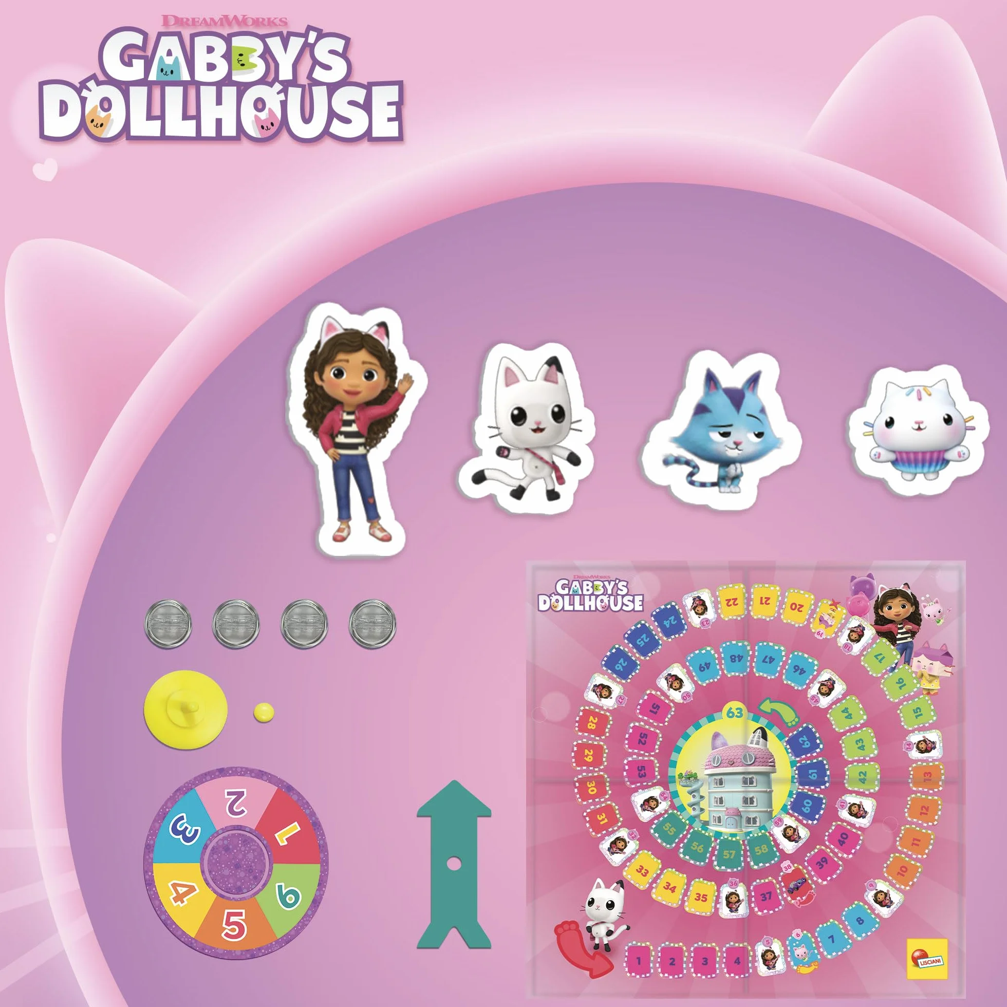 Lisciani - LA CASA DE MUÑECAS DE Gabby Super Juego - Juego de Mesa Educativo para Niños a Partir de 3 años - Juego de la Oca Inspirado en la Serie - Desarrollo de la Coordinación, Memoria