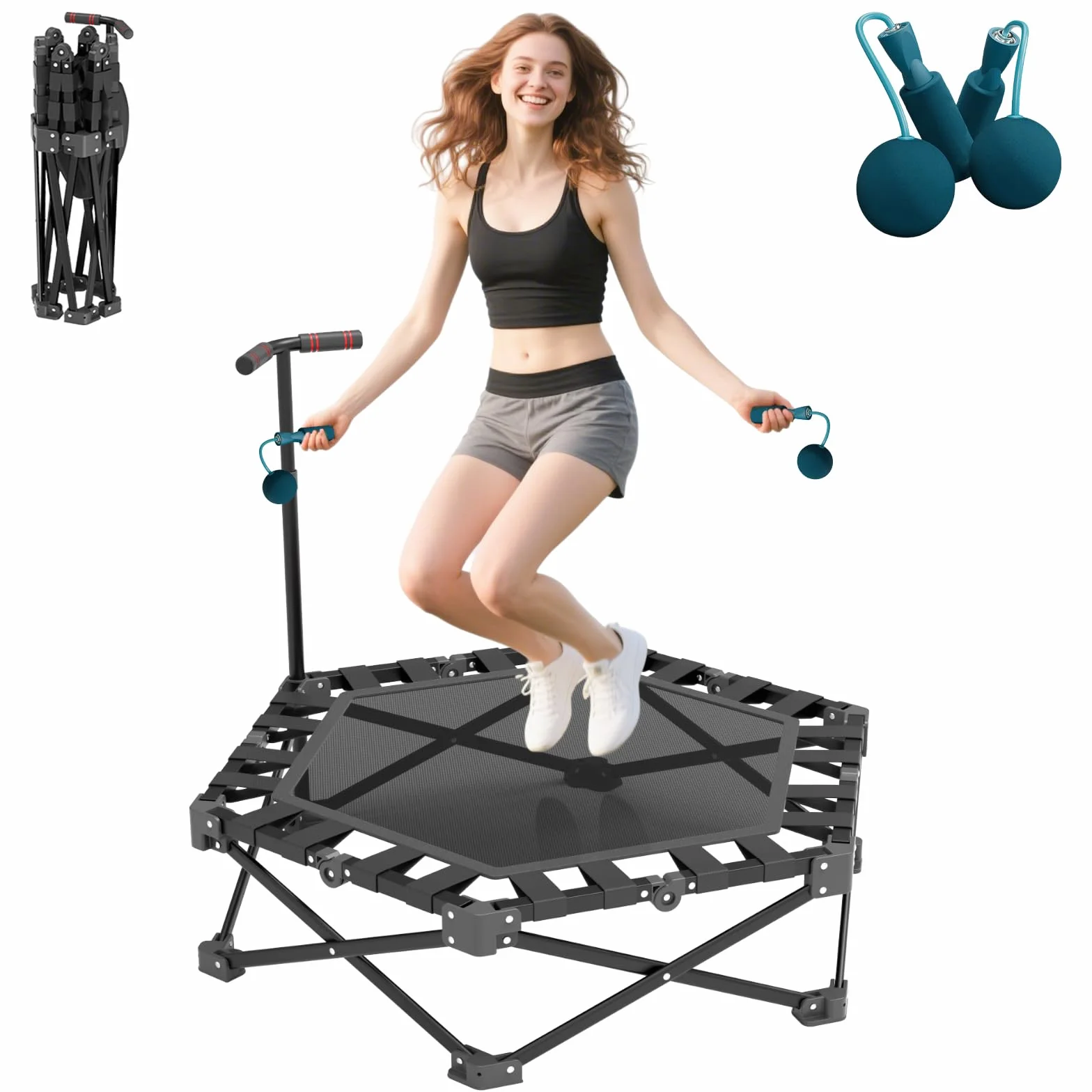 Trampolín de fitness 106 cm para interiores adultos, altura ajustable, plegable, mini reboteador