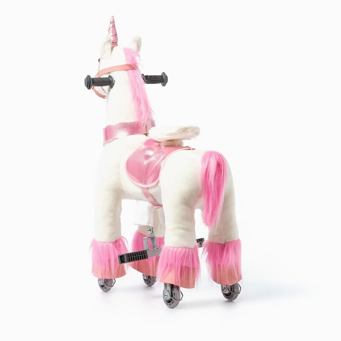 Caballo mecánico Infantil de Peluche Unicornio Rosa Talla S con Pedales Ruedas PU Asiento ergonómico y Asas de Madera Ponyride Iris ATAA Toys