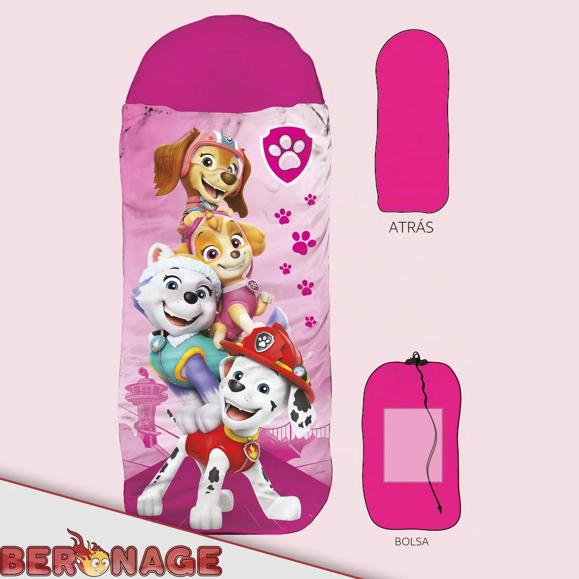 Saco de dormir infantil Paw Patrol – Rosa 140 cm + 30 cm (capucha) x 70 cm ideal para exteriores/interiores con Skye, Everest, Liberty, Marshall, saco de dormir momia para niñas y niños con cremallera
