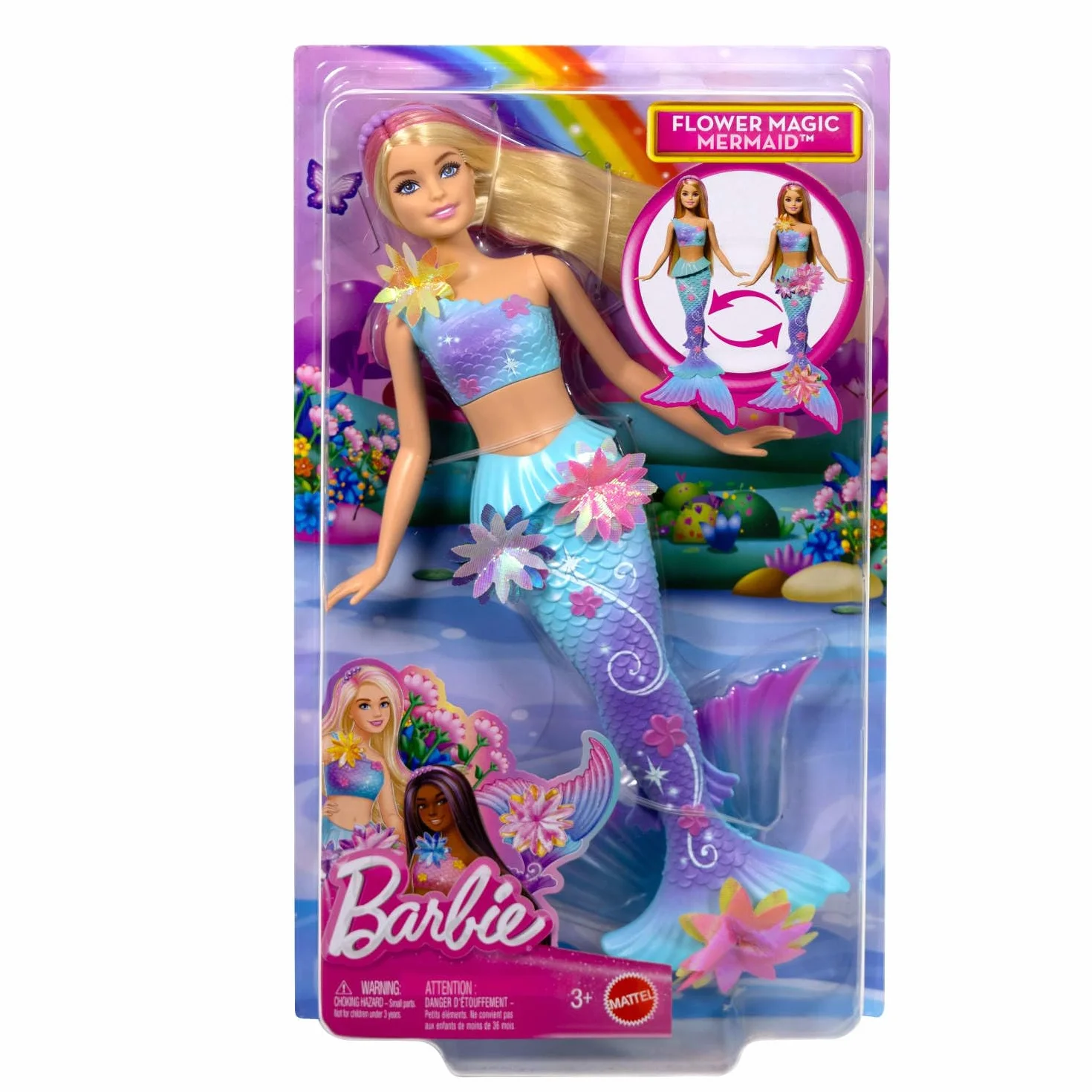 Barbie Muñecas de sirena con la característica de flores florecientes mágicas, colas con efecto degradado, accesorio de diadema de perlas y cabello largo rubio con mechas rosadas, JDM72