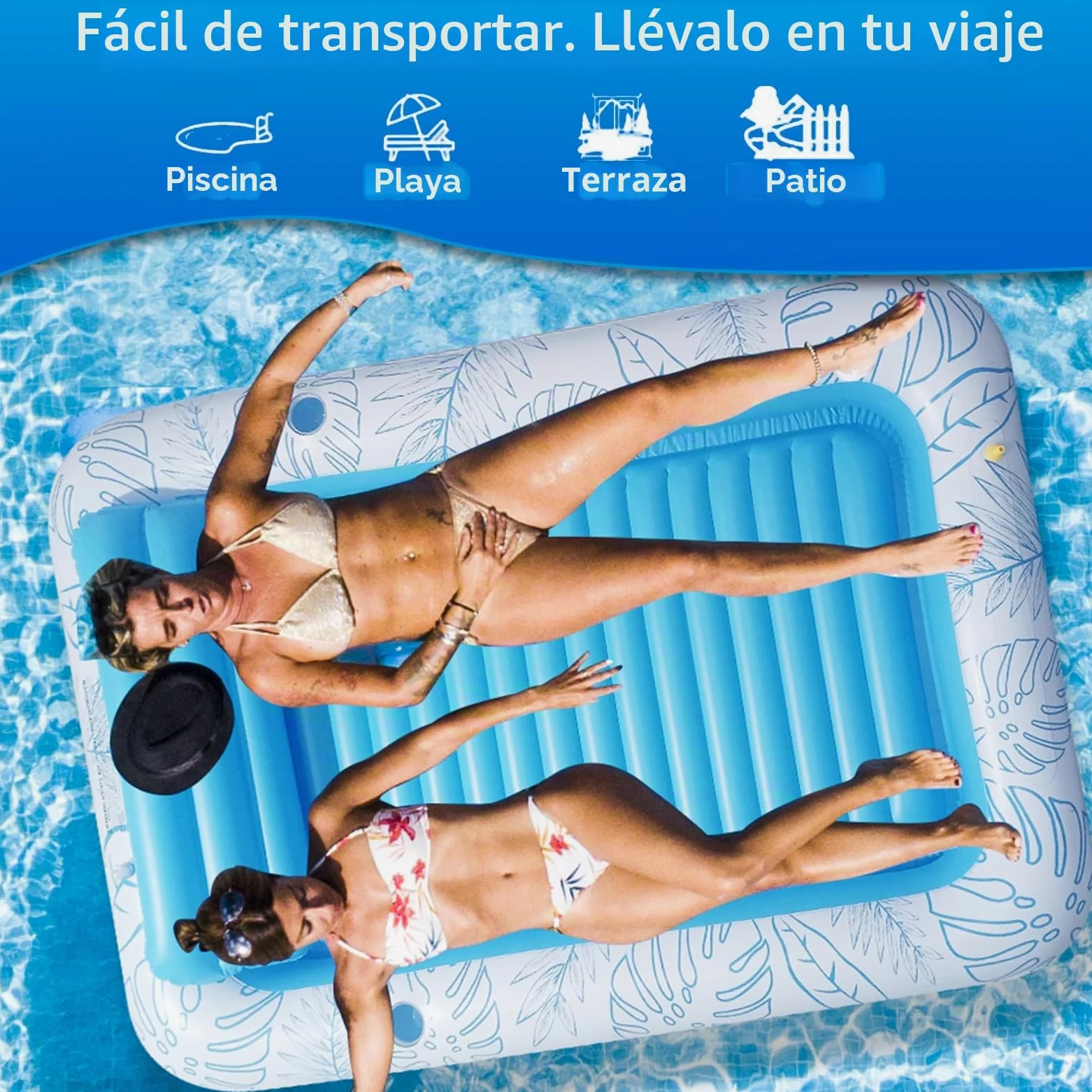 Flotador Inflable Extragrande de 85 x 57 Pulgadas para Piscina de Bronceado con aspersor y portavasos, balsa de Piscina para Adultos para Patio Trasero, Playa o Lago, Rosa/Azul, PVC Duradero, soporta