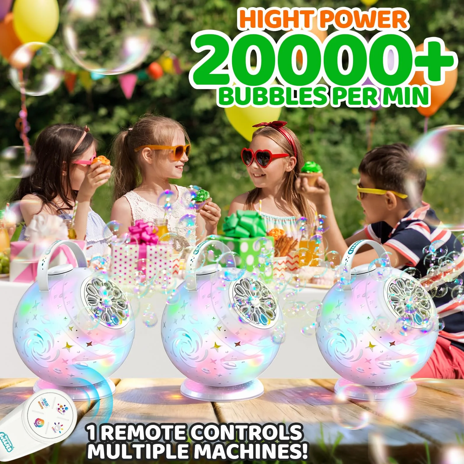 Tecnock Máquina de Burbujas Recargable con Mando a Distancia, Rotación 90°/360°, 20000+ Burbujas/Min, Luces LED de 7 Colores, Batería 1200 mAh, 45 Min de Autonomía, USB-C, para Niños, Fiestas y Bodas