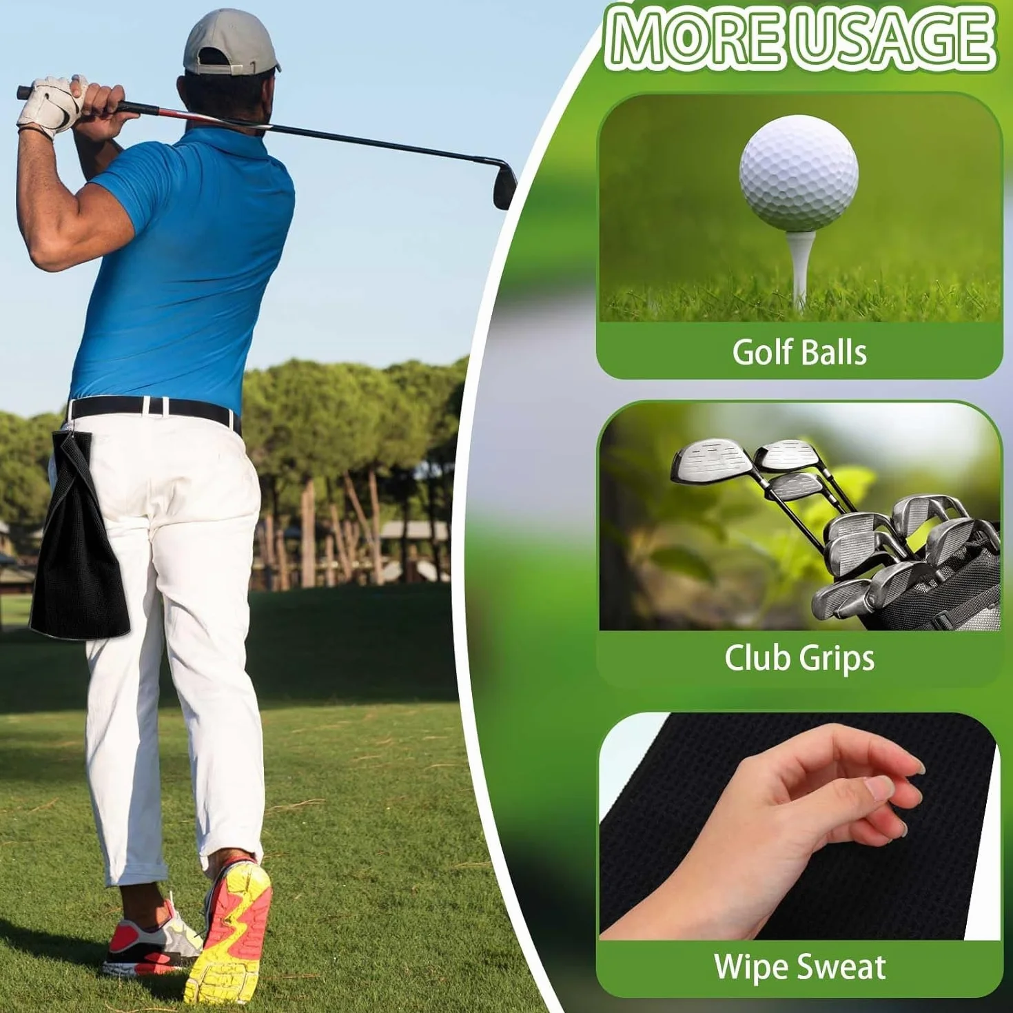 MEISO Toallas de Golf Microfibra 40xcm Ultra Absorbente Mosquetón Diseño Gofre Secado Rápido Negro