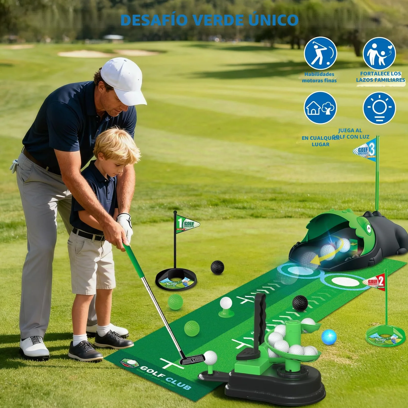 TERRAMUS Juego de Golf Infantil Mejorado, 3 en 1 con Lanzador automático de Pelotas de Dinosaurio y Pelotas con luz LED, minigolf para niños de 3 a 8 años