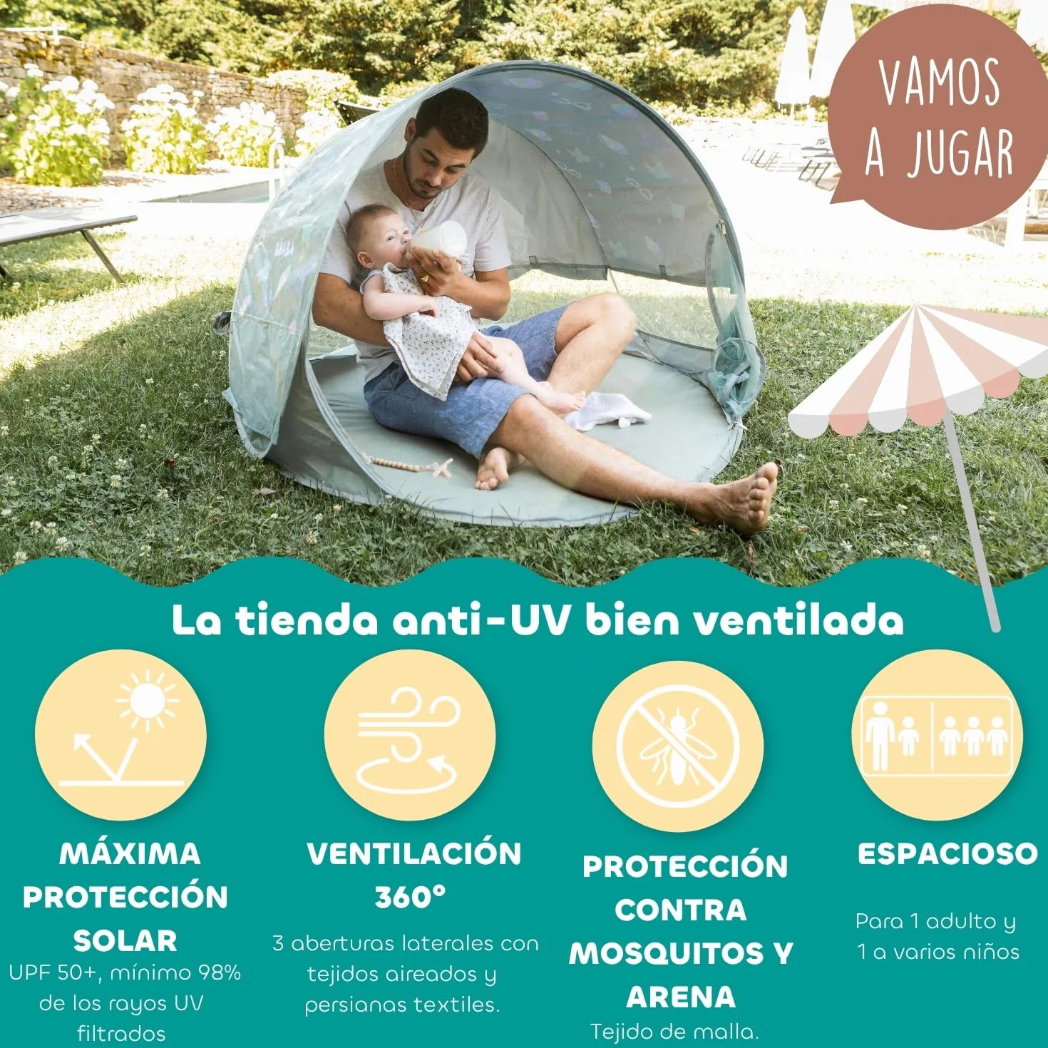 BÉABA, Tienda De Playa para Bebé, Tienda Anti UV Infantil, Protección Solar Máxima UPF50+, Filtrado UV, Ventilación 360°, Mosquitera, Espaciosa, Sistema Pop-Up, Bolsa De Transporte, Breezy, Caqui
