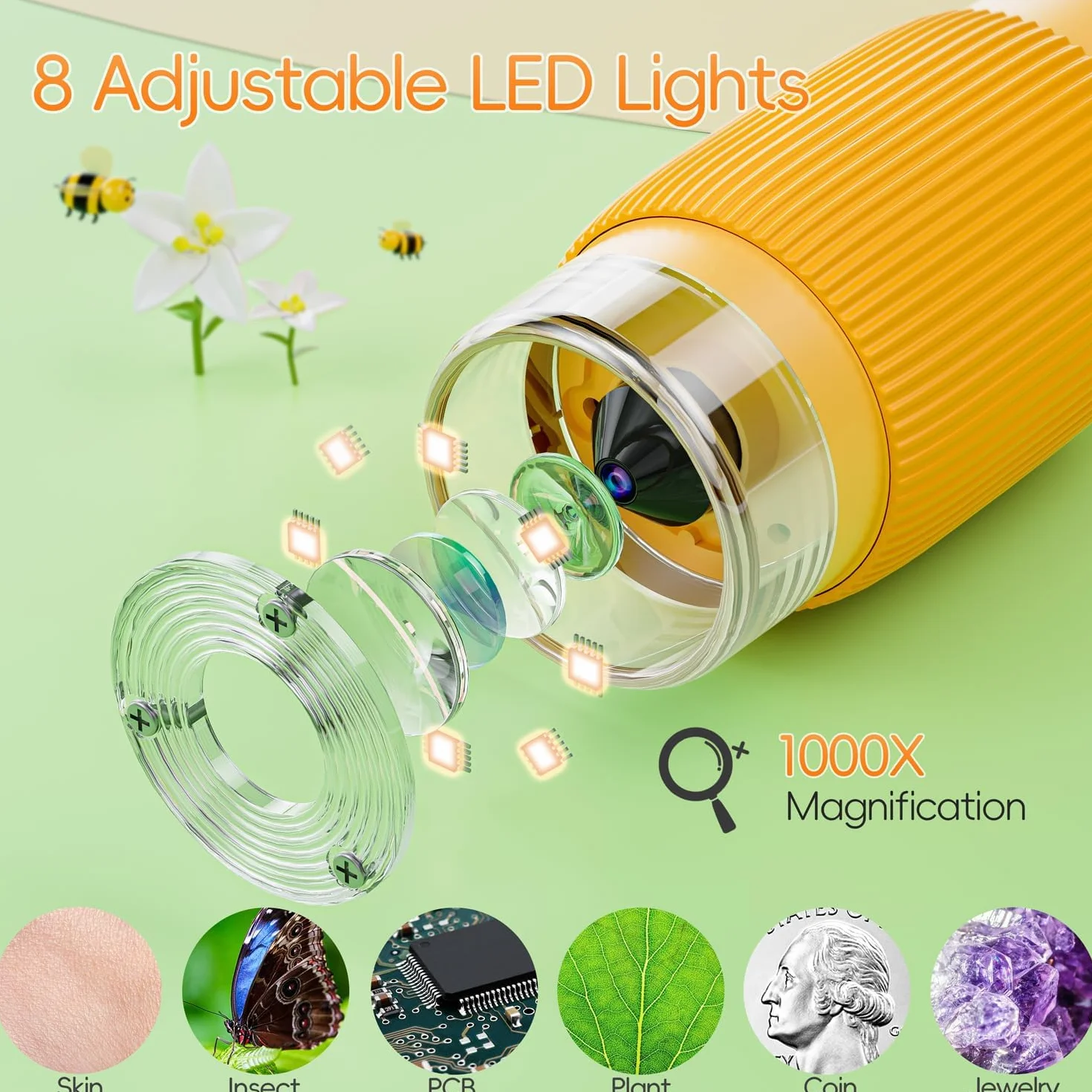 SGAINUL Microscopio Digital para Niños con Pantalla IPS de 2.0'', Recargable 1000x, Electrónico con 8 Luces LED - Regalo para Cumpleaños/Navidad/Año Nuevo（Naranja）