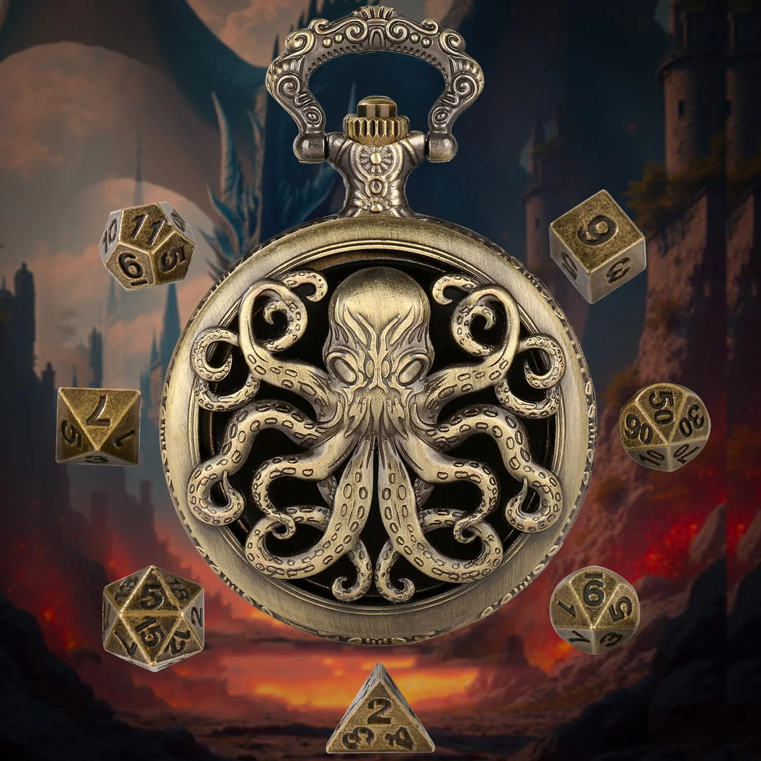 Mini Dados DND con Caja de Reloj de Bolsillo Steampunk Hueco Pulpo - 7 Piezas Poliédrico Metal D&D Juego de Mesa - Bronce