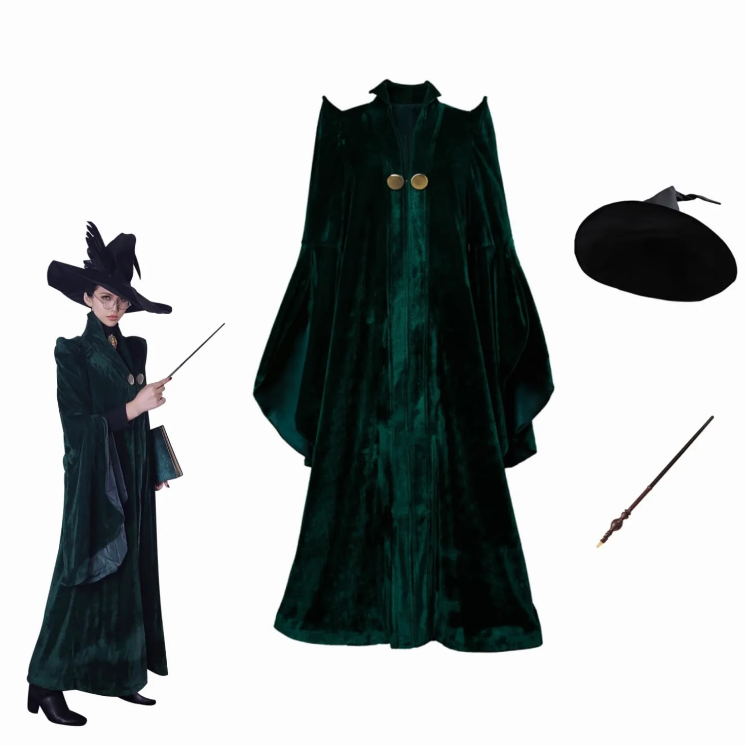 Disfraz de bruja para mujer, disfraz de mago de Halloween, capa con sombrero y bata (XXL, traje de Mcgonagall)