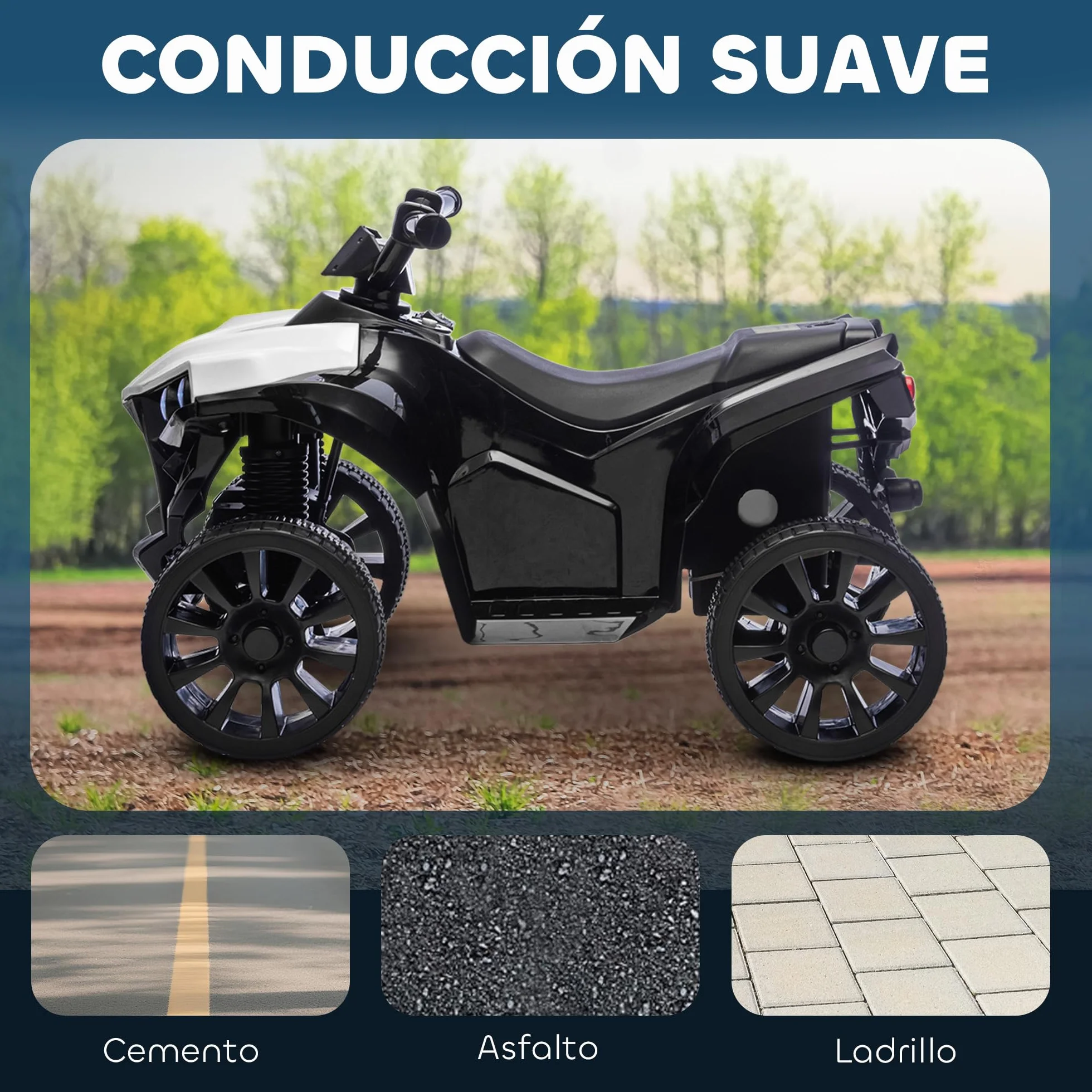 AIYAPLAY Quad Eléctrico para Niños 6V, Velocidad 3km/h, Faros y Música, Blanco