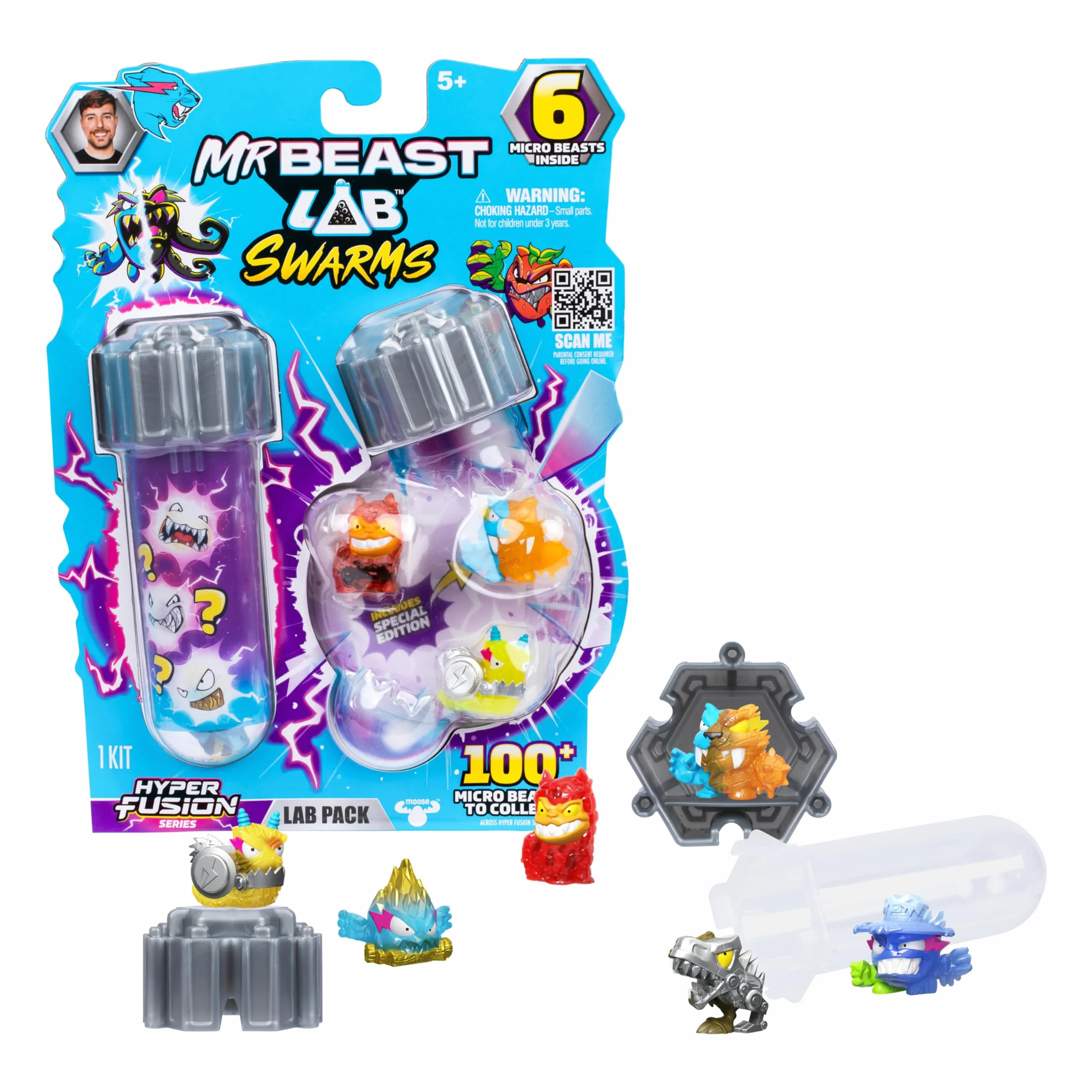 MrBeast Lab Swarms Serie Hyper Fusion, colecciona +100 enjambres, el Pack de Laboratorio Incluye 6 microbestias, Pegatinas coleccionables y 2 cápsulas para Crear tu Propio MrBeast Lab