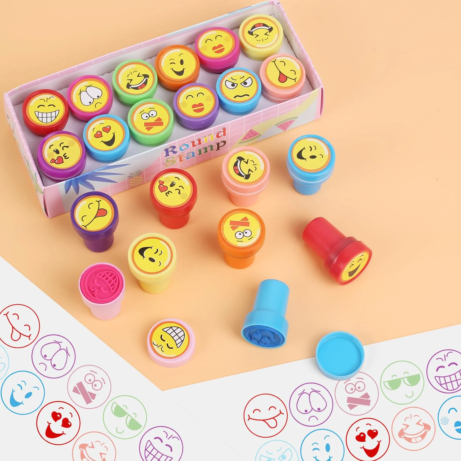 Gudotra 36pcs Sellos para Niños Sellos de Entintado Niños Favor de Fiesta Infantil Regalo de Cumpleaños Cajas de Sorpresas (Emoji)