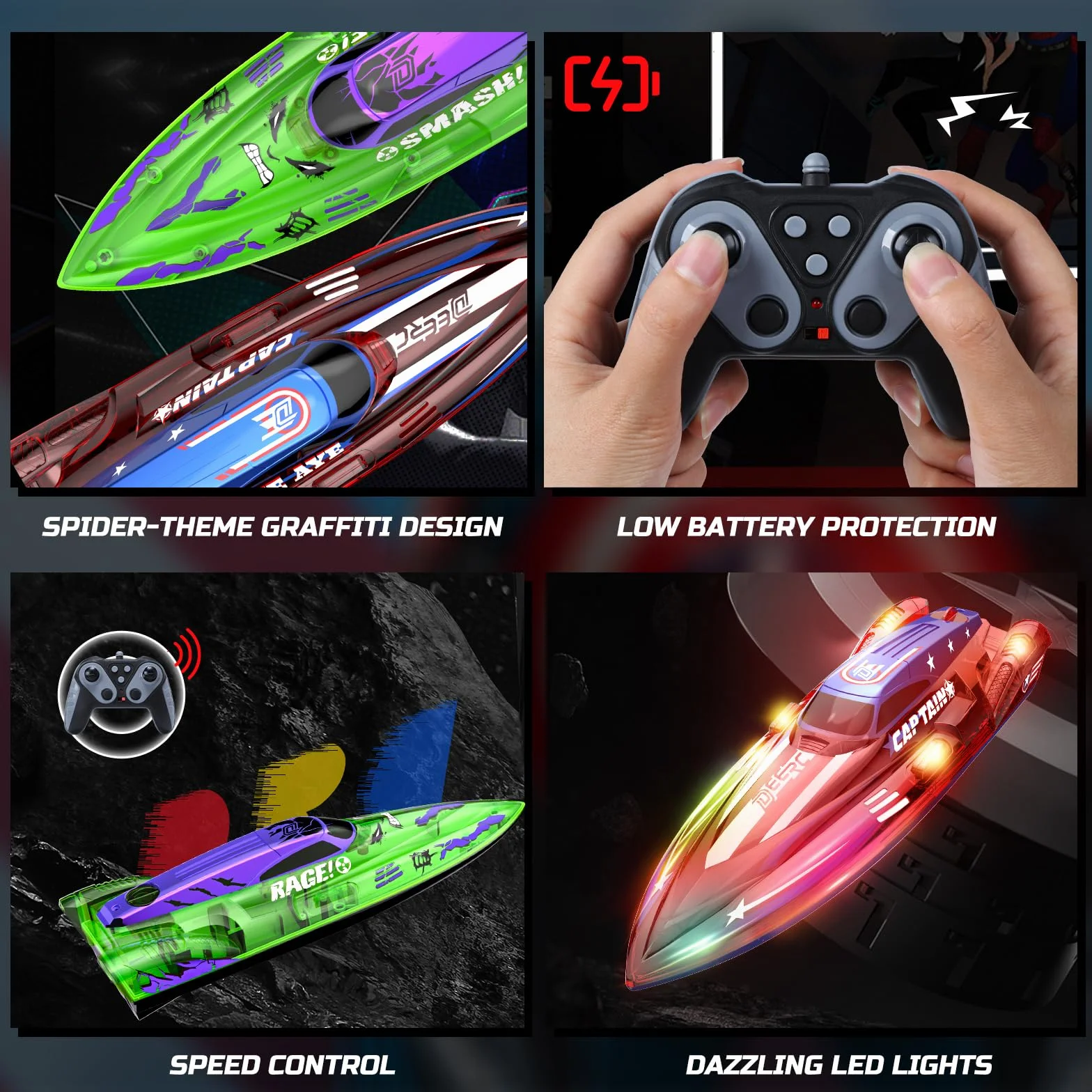 DEERC Juego de 2 Barco Teledirigido de 13 Pulgadas para niños, 4 baterías, 2.4GHz Barcos Teledirigidos con Luces LED y Alarma de Batería Baja, Barcos RC para niños de 8 a 12 años