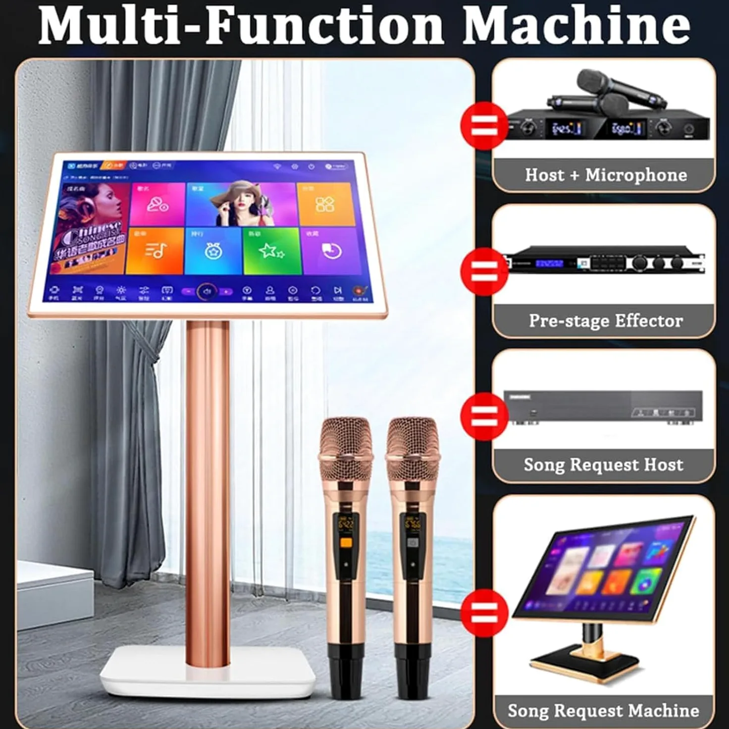 Máquina de karaoke con micrófono inalámbrico, 27 idiomas conmutables, selección inteligente de canciones, amplificador de potencia, control de aplicación para el hogar y el bar,