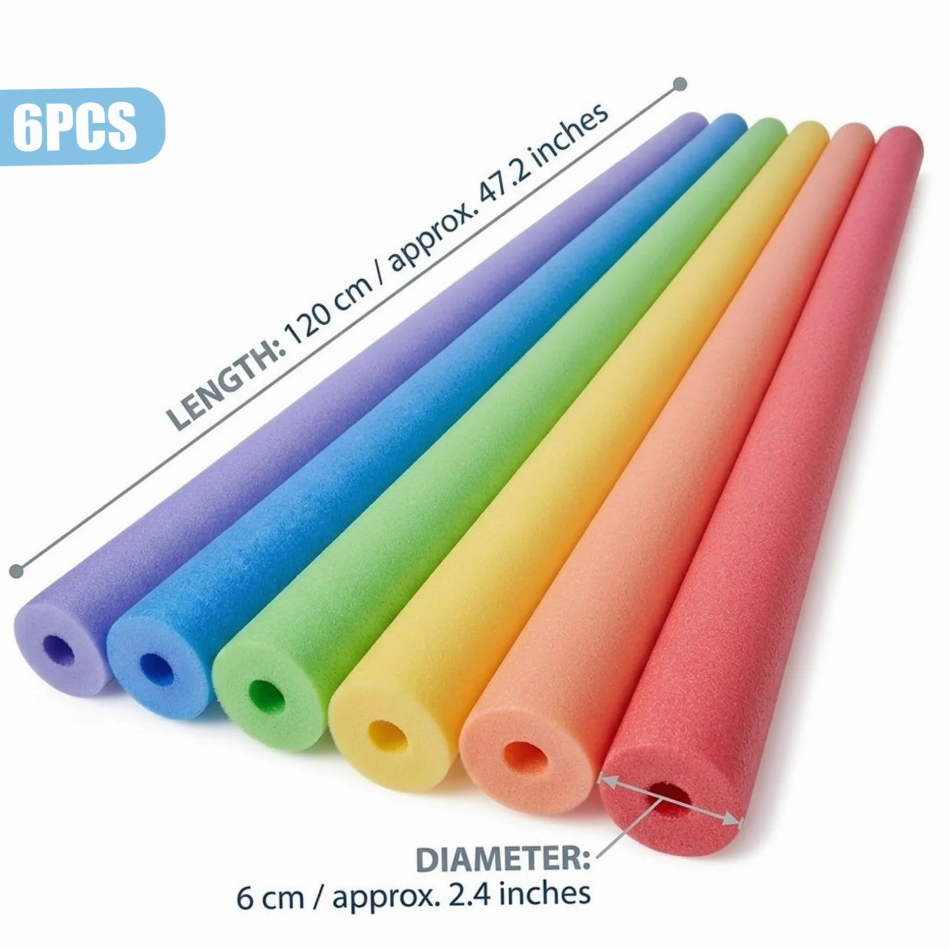 Pool Noodles, paquete de 6, espuma EPE brillante, negro, 47, 2 pulgadas. | Espuma flotante de EPE, adecuada para niños y adultos, ideal para juegos acuáticos en la piscina