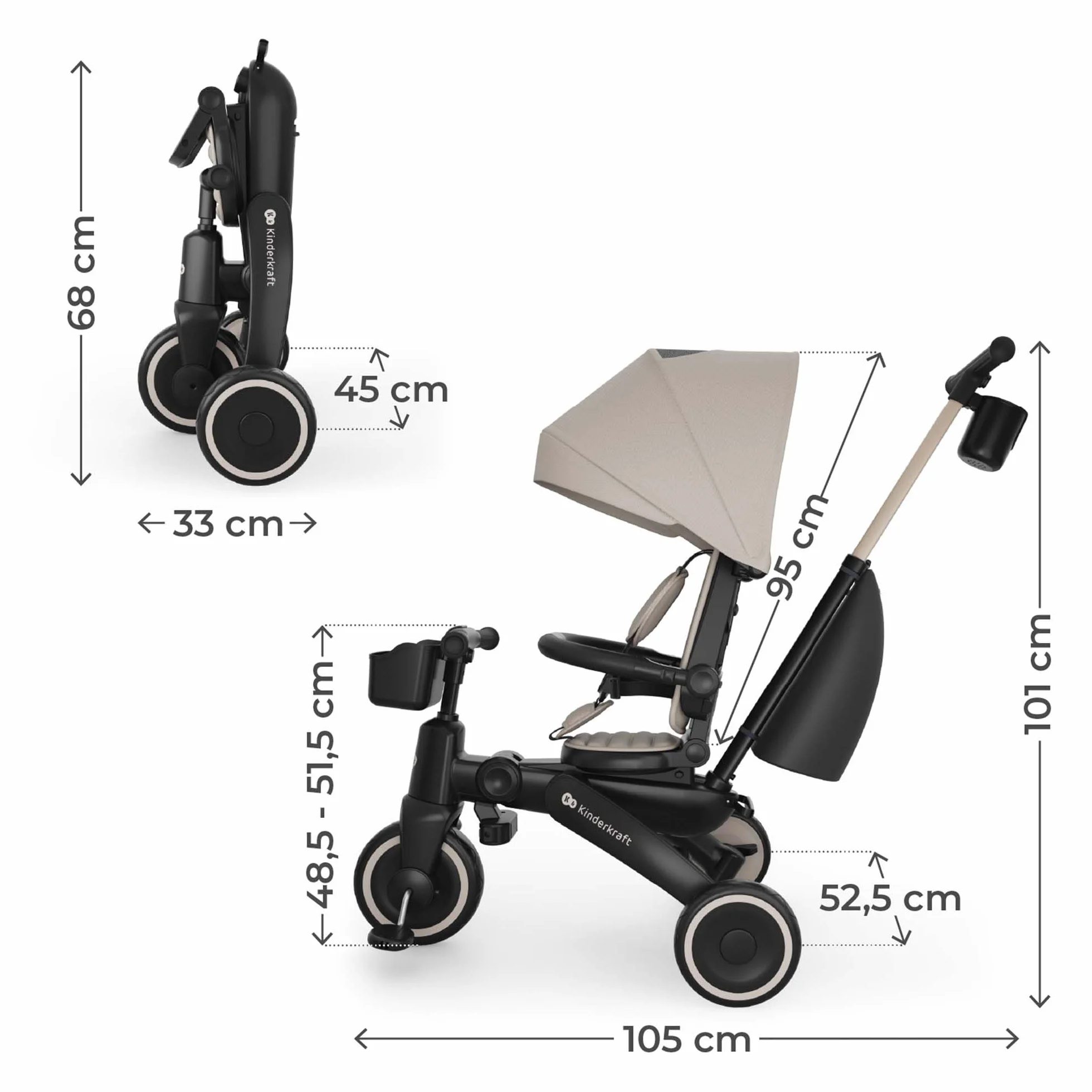 Kinderkraft Jazz 3 Triciclo, Asiento Giratorio 360°, posición semirreclinada, Plegable, Capota UPF 50+, Manillar para Padres, función de Bicicleta de Equilibrio, Beige