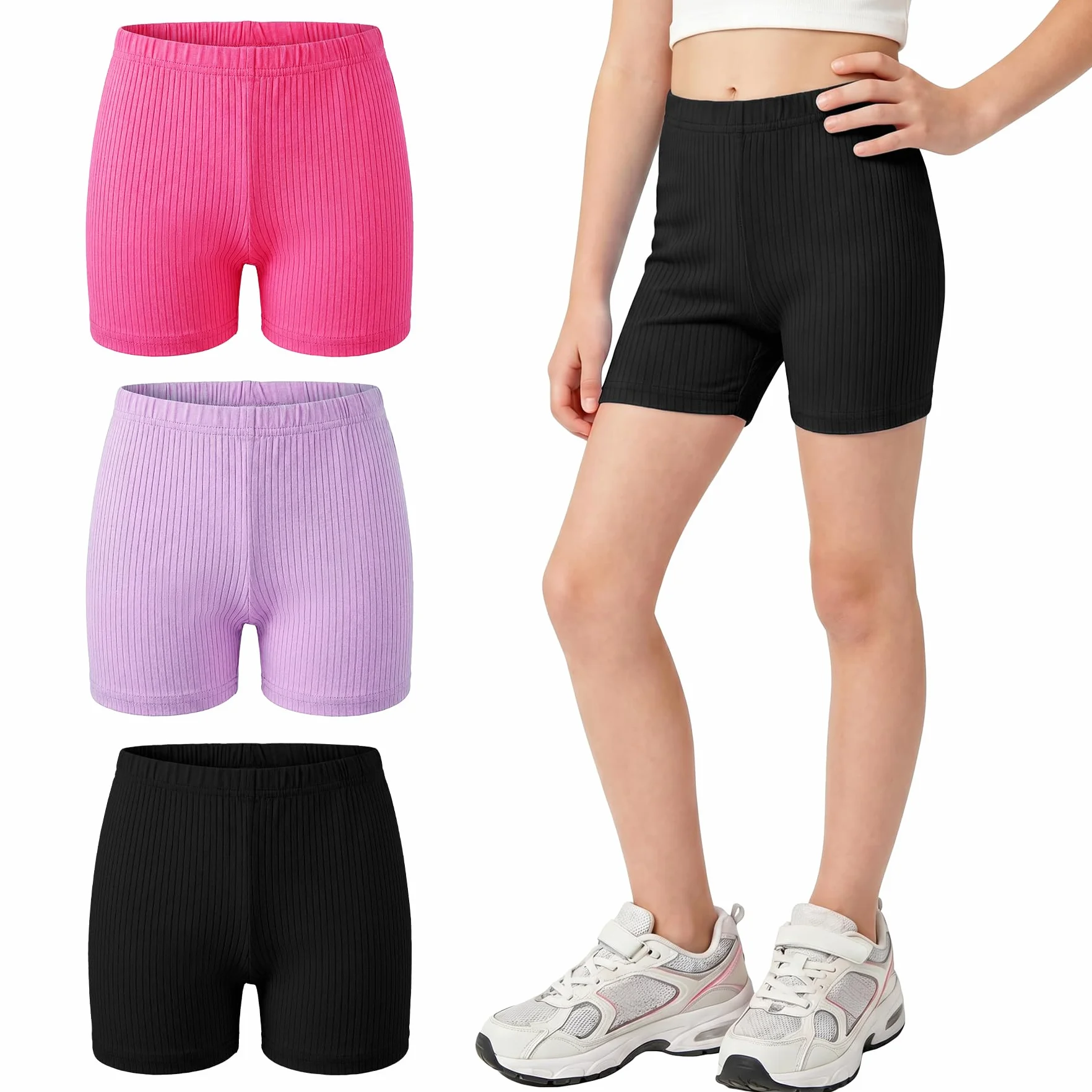 Pantalones Cortos de Ciclismo Niñas Algodón Leggings Transpirable Diseño Acanalado Shorts Bailar Gimnasia para Infantil 5-16 Años Lote de 3
