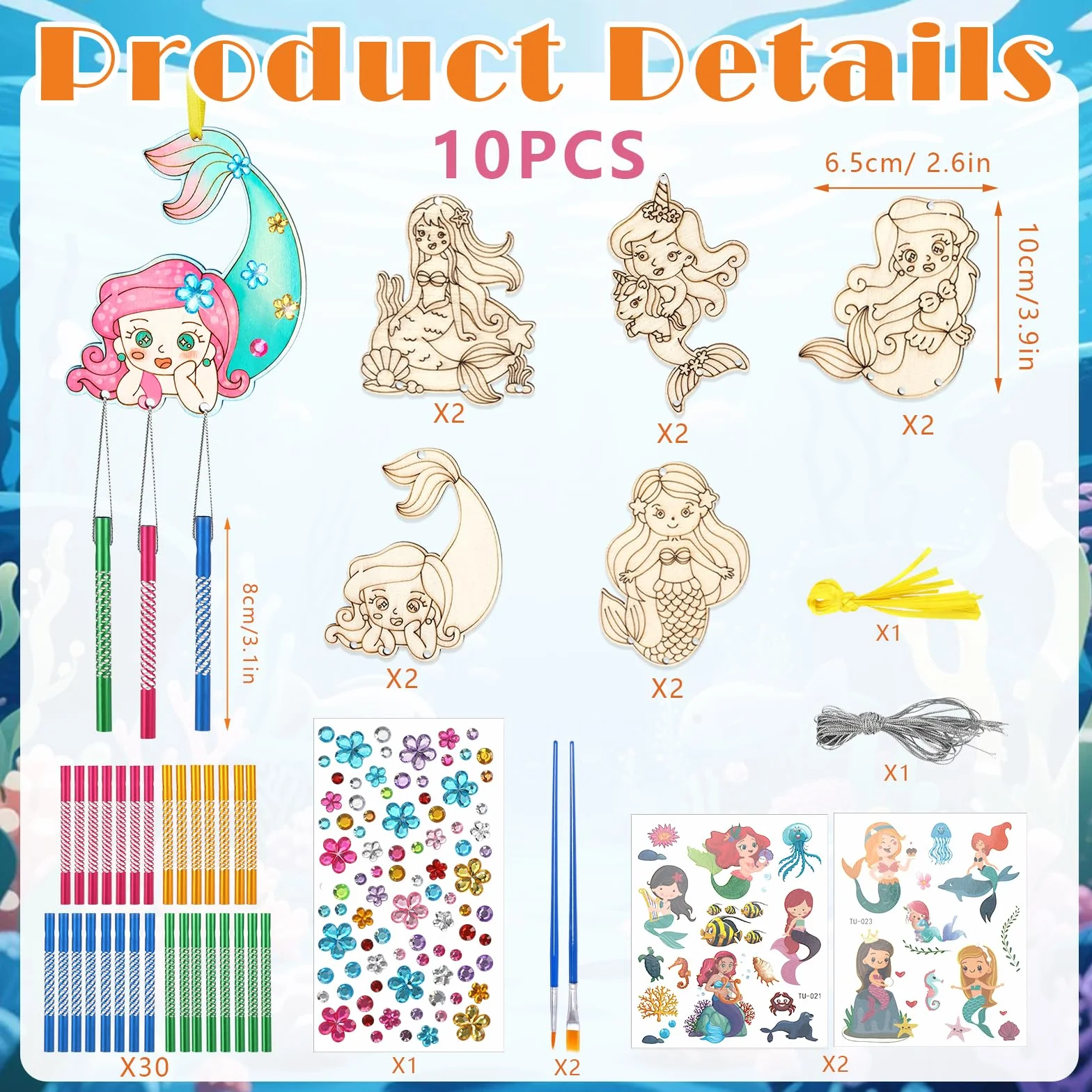 SRIZIAN 10piezas Sirena Manualidades para Niñas Kit de Manualidades de Campanillas de Viento de Madera de Sirena Regalos Manualidades Decoración para Fiestas Puertas y Jardines Bricolaje