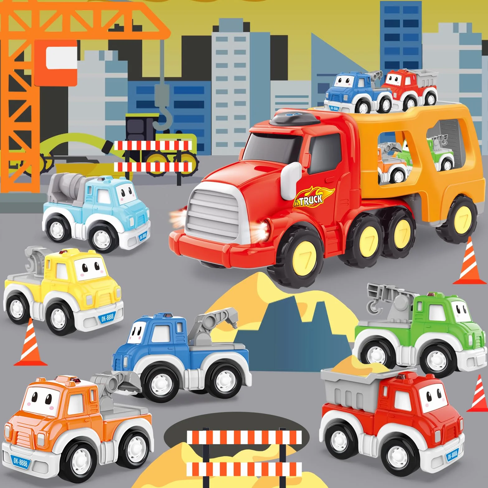Camión de Juguetes - 7 en 1 Transportador Coches con Luces y Sonidos - Regalo para Niños 1-4 Años