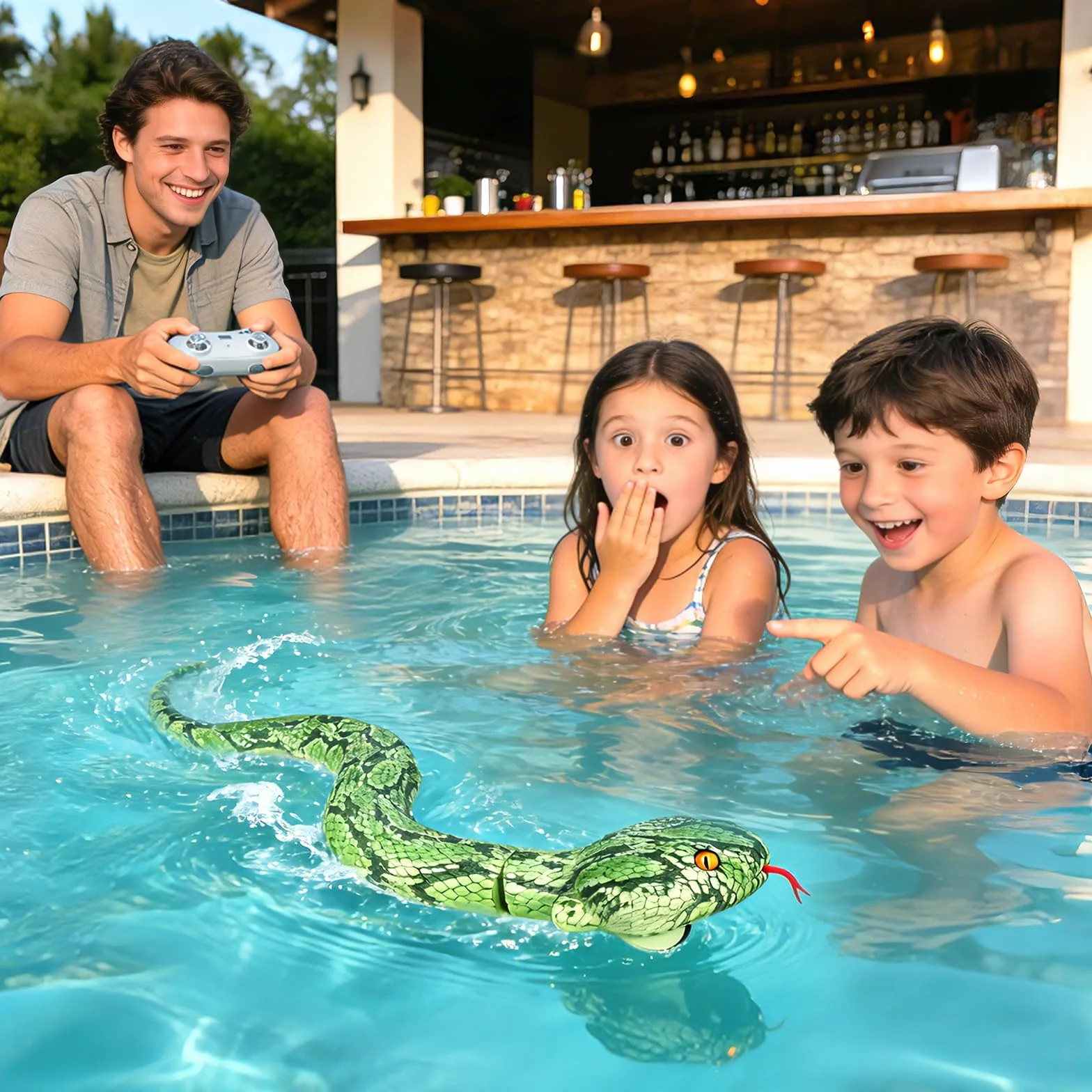 HILKKET Serpiente Teledirigida, Serpiente pitón Teledirigida de 64 cm, Juguete eléctrico de Serpiente para Tierra y Agua a 5 km/h, Juguete Impermeable para Piscina, Juguete Acuático para Niños
