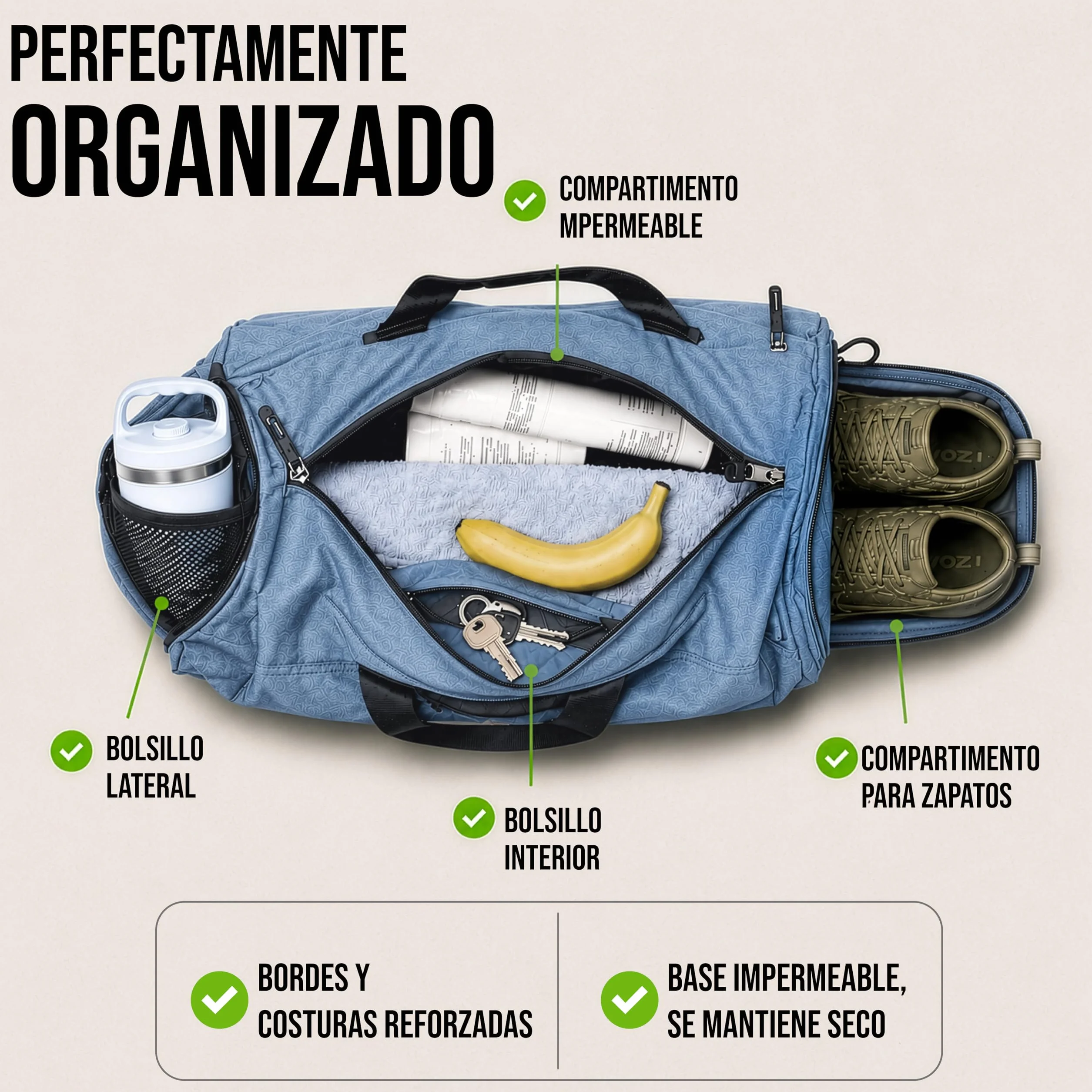 Mochila Gimnasio Hombre Mujer 50 l Compartimento Zapatos Humeda Viaje Gym Azul