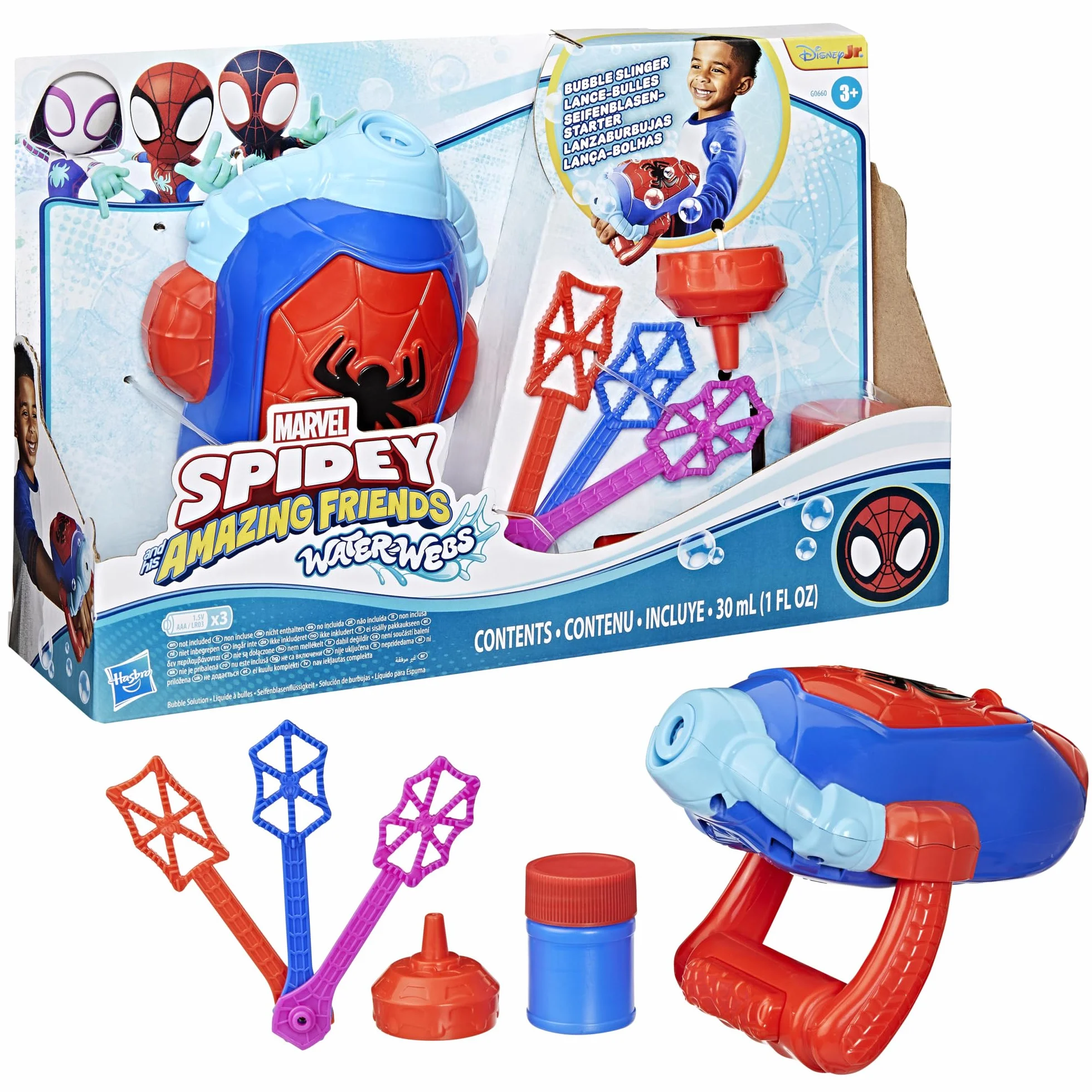 Marvel Spidey and His Amazing Friends, Water-Webs, Lanzaburbujas, Juguete electrónico para Juego de ro