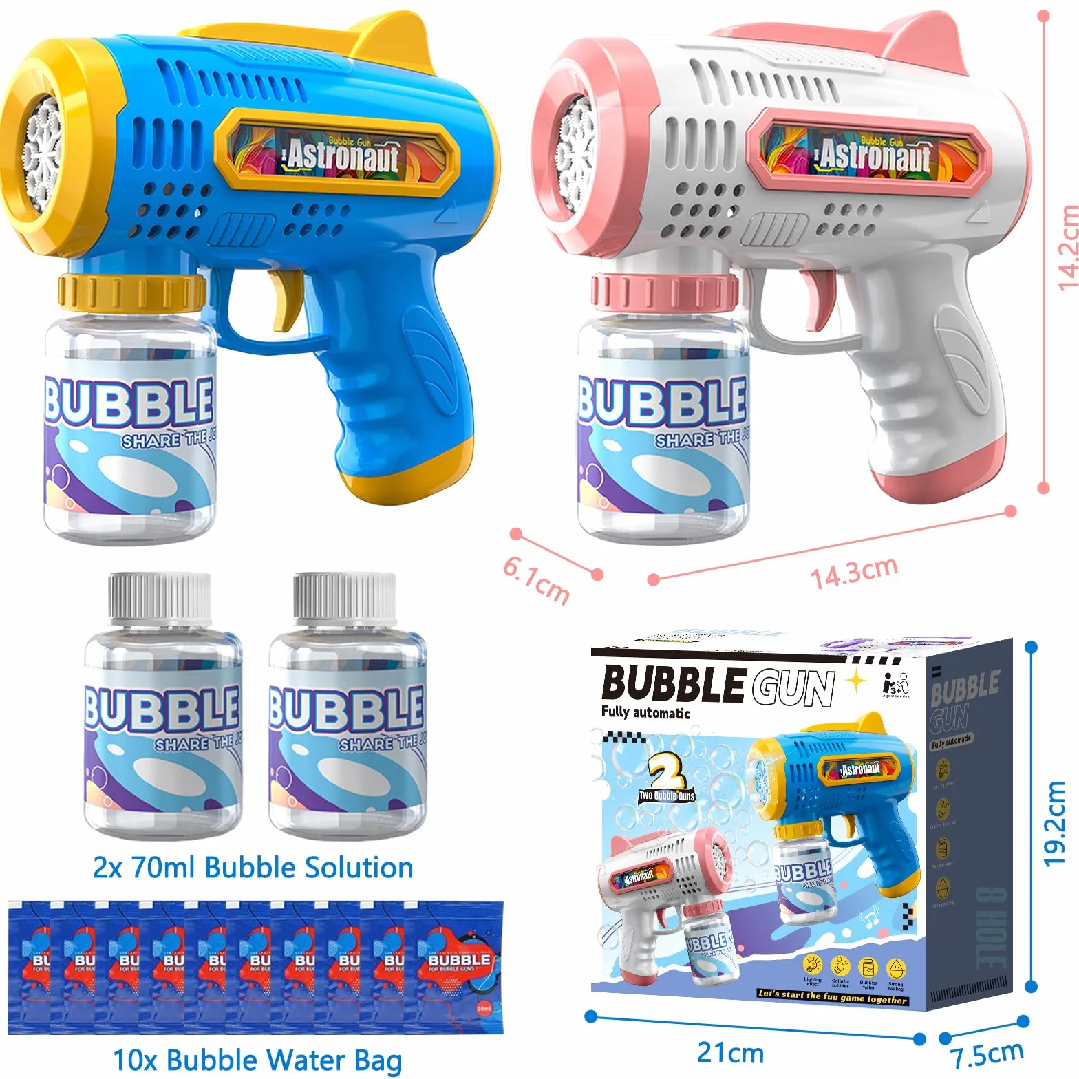 2 Pcs Pistola de Burbujas para Niños, Pistola Burbujas, Pistola de Burbujas Automática, Pistola de Pompas de Jabon, con 240ml Solución de Burbujas para Fiesta, Actividad al Aire Libre, Bodas