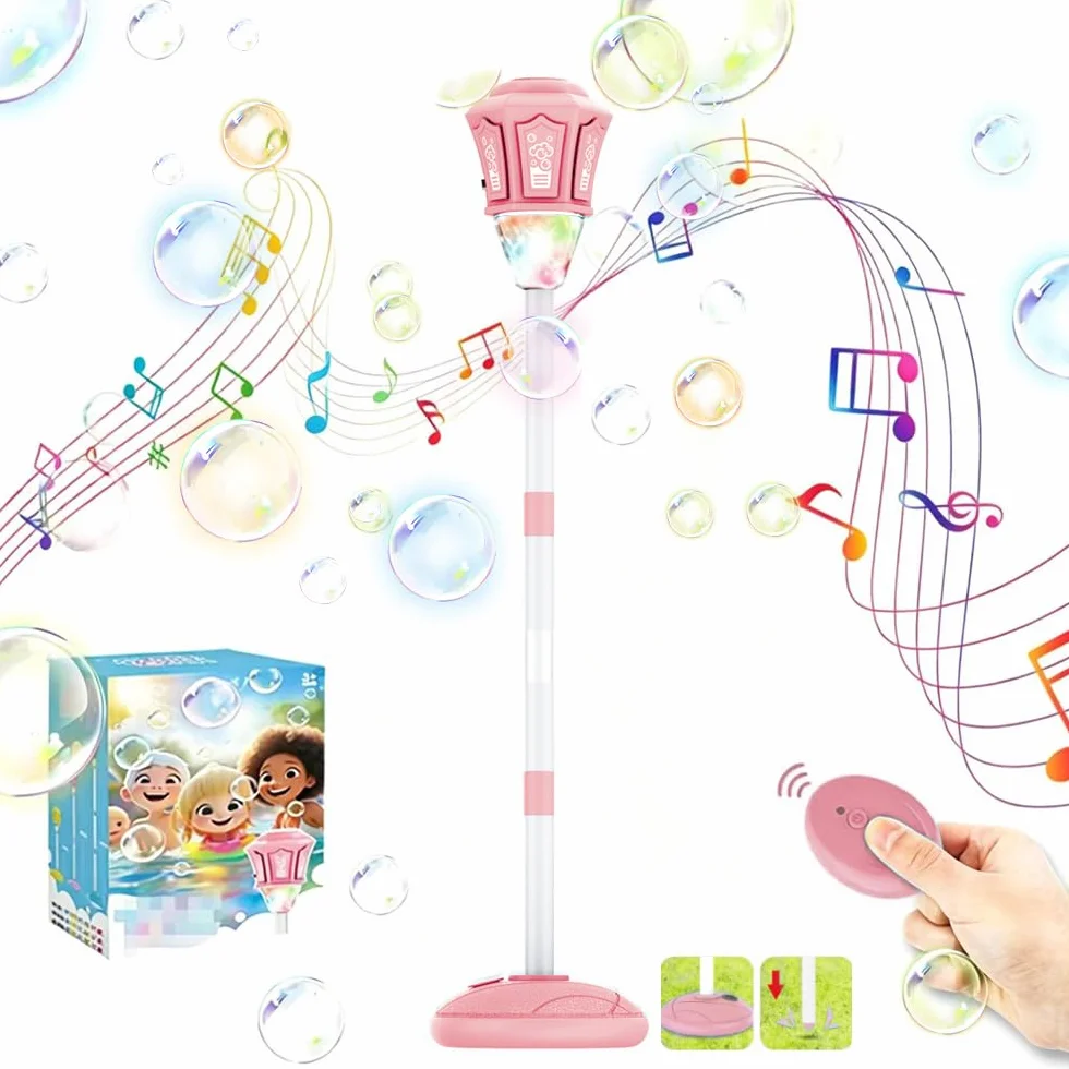 Lámpara de Jardín Bubble Torch con Luz y Música,Altura Regulable 52-115 cm,Máquina de Burbujas Recargable para Exteriores con Mando a Distancia para jardín (Rosa)