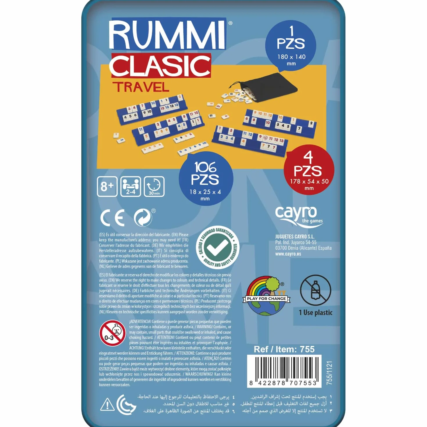 Cayro Rummi Modelo Clásico Juego de Mesa Edición de Viaje Caja Metálica 2-4 Jugadores