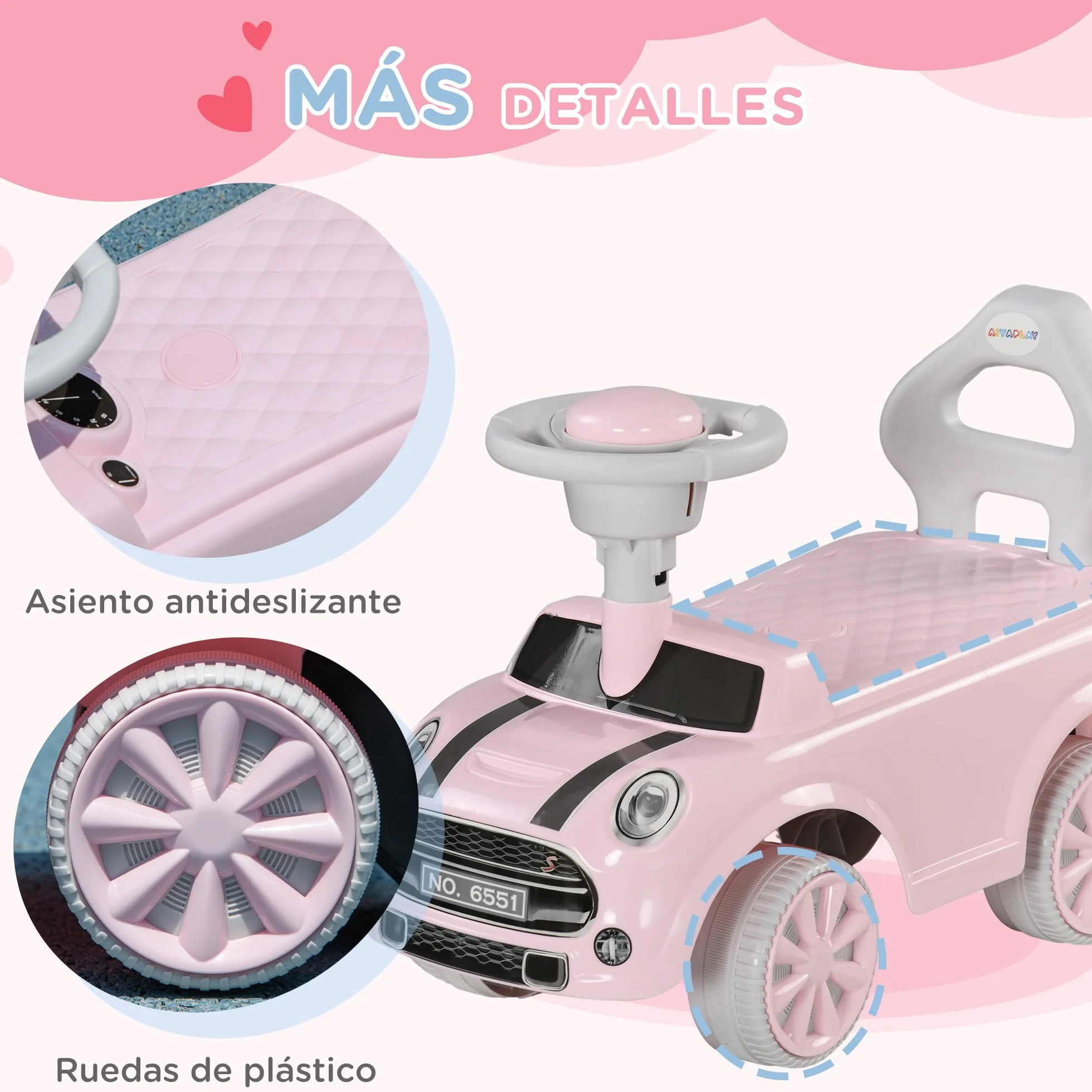 AIYAPLAY Correpasillos para Bebés de 18 a 36 Meses Coche Correpasillos con Volante Bocina y Sistema de Antivuelco Carga 25 kg 53x25x35 cm Rosa