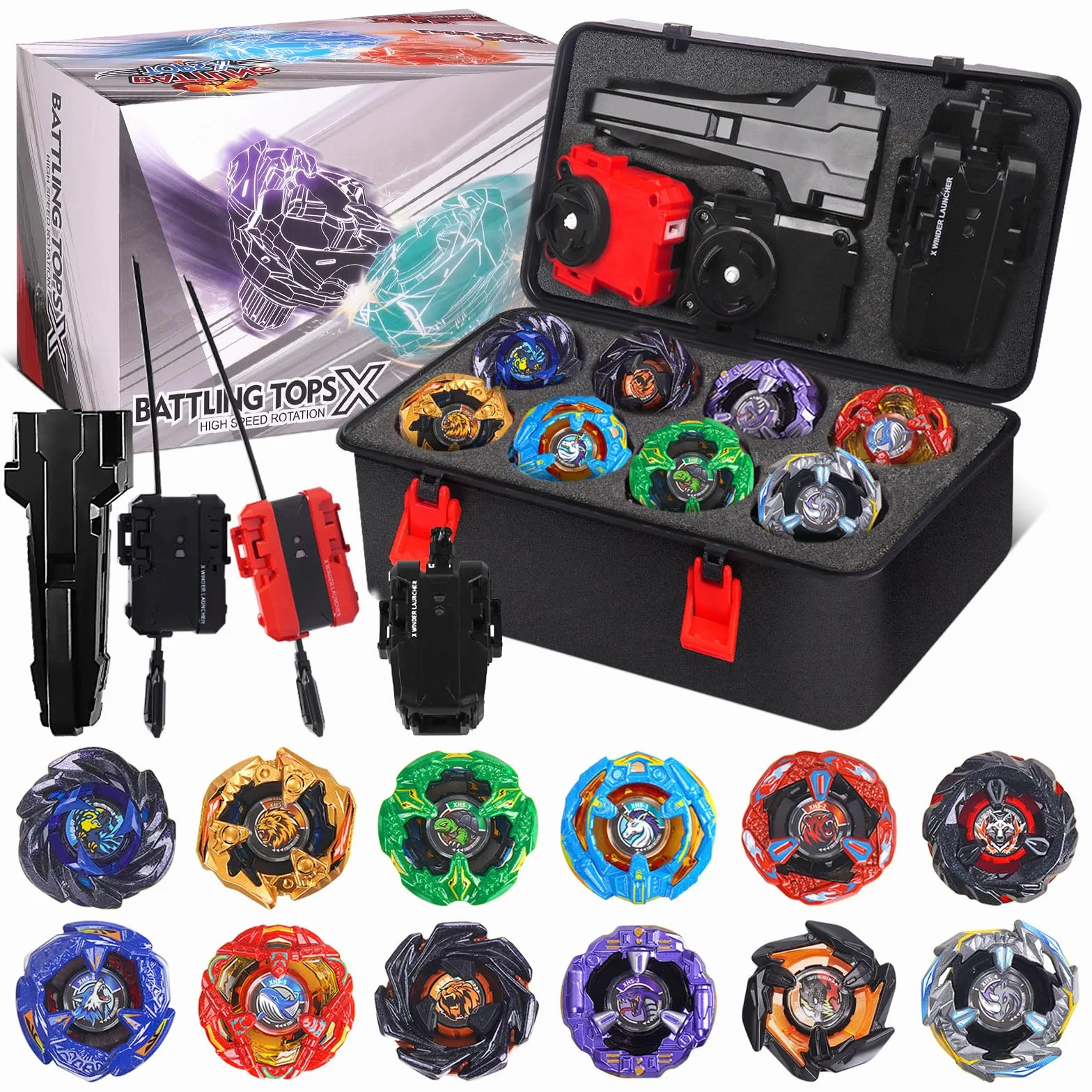 Juego de X Peonzas de Batalla, 12 Juguetes giratorios con 3 lanzadores, 1 Agarre y Estuche de Almacenamiento portátil | Regalo de Juego de Arena giroscópica para niños y niñas de 6 años