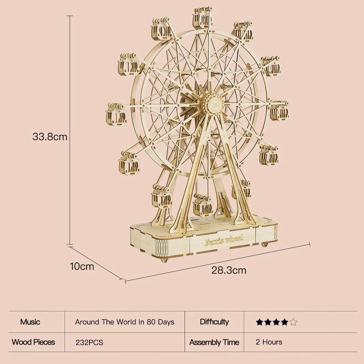 Rolife Modelos Mecánicos Kits Ferris Wheel con música Puzzle de Madera 3D para niños y Adultos