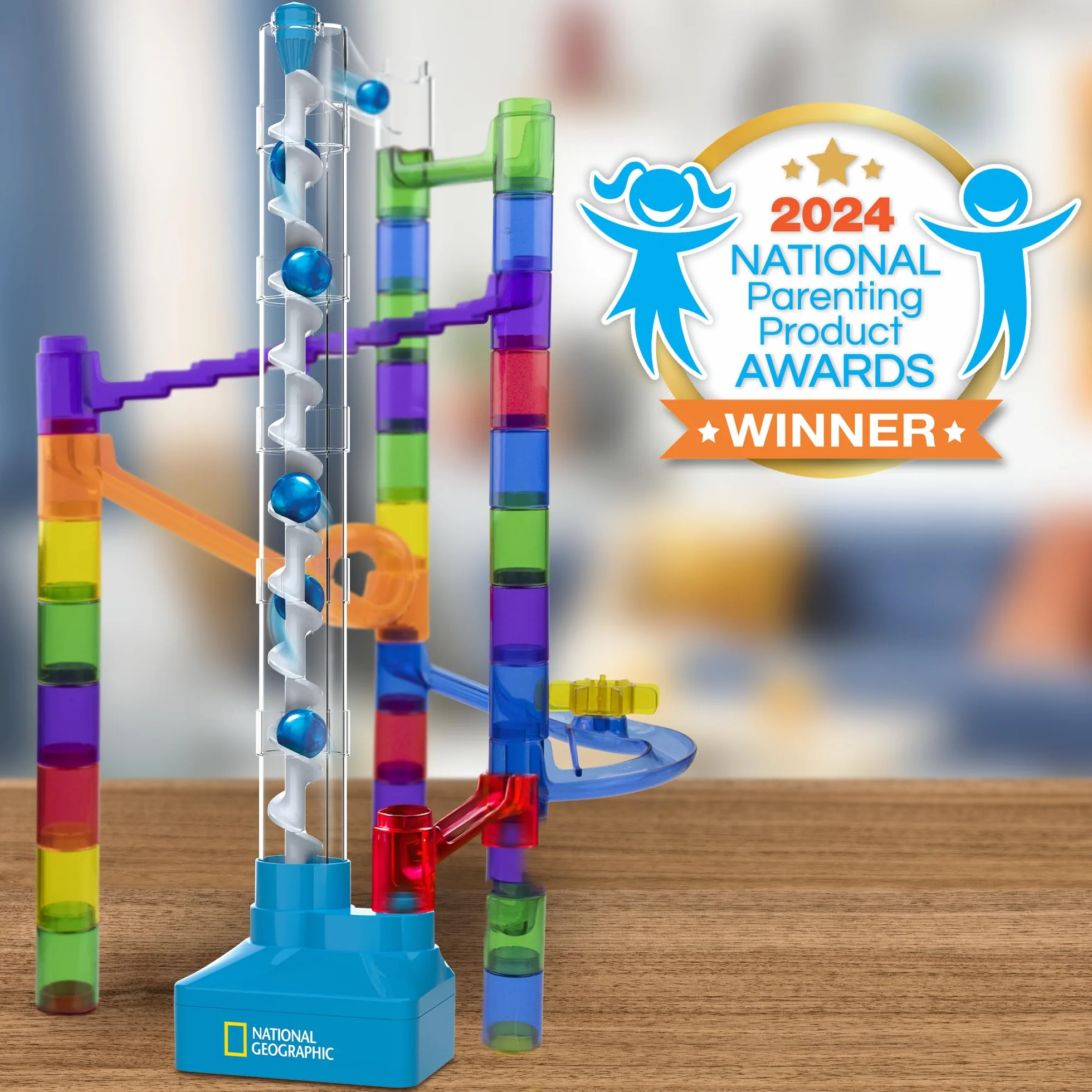 Blue Marble National Geographic Kit de Canicas con Elevador Motorizado - Set de 150 Piezas con Espiral, 30 Canicas, Bolsa de Almacenamiento, Máquina de Movimiento Perpetuo, Juego para Niños