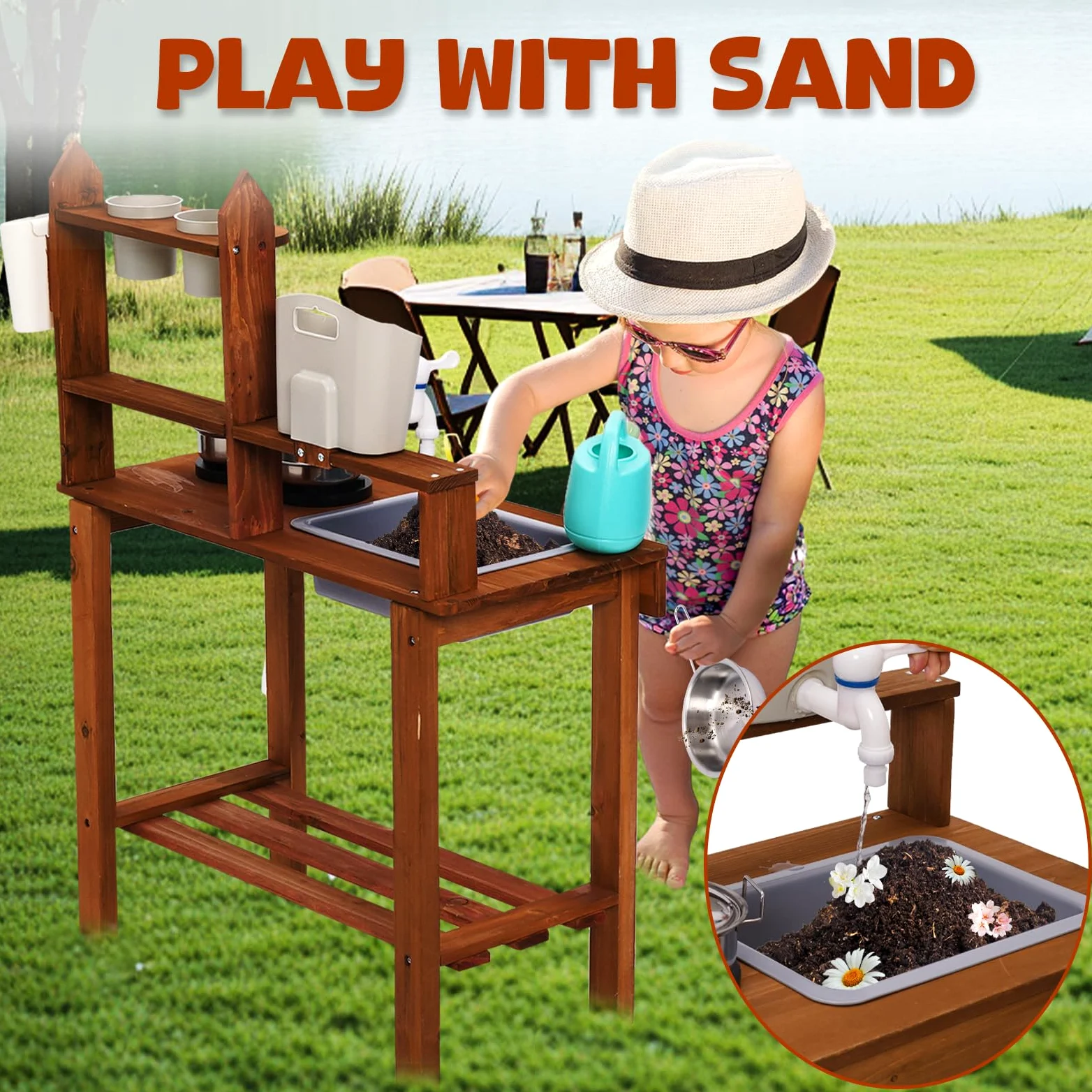 Cocina de Barro para Niños,Cocinita de Madera Infantil con Fregadero Grifo,Equipo de Juego al Aire Libre para Niños,Cocina Exterior Juguetes al Aire Libre para Baby de 2 Años en Adelante