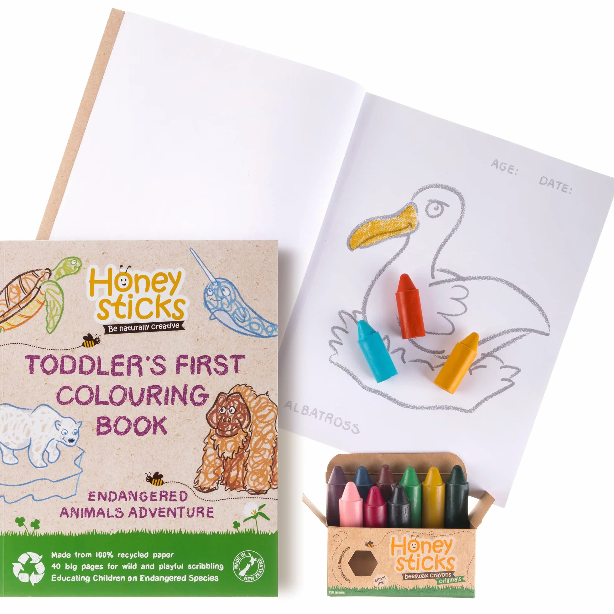 Honeysticks Lápices de cera de abeja 100% puras, naturales, no tóxicos, seguros para niños y niños, hechos a mano en Nueva Zelanda, para 1 año más libro de especies en peligro (12 unidades con libro)