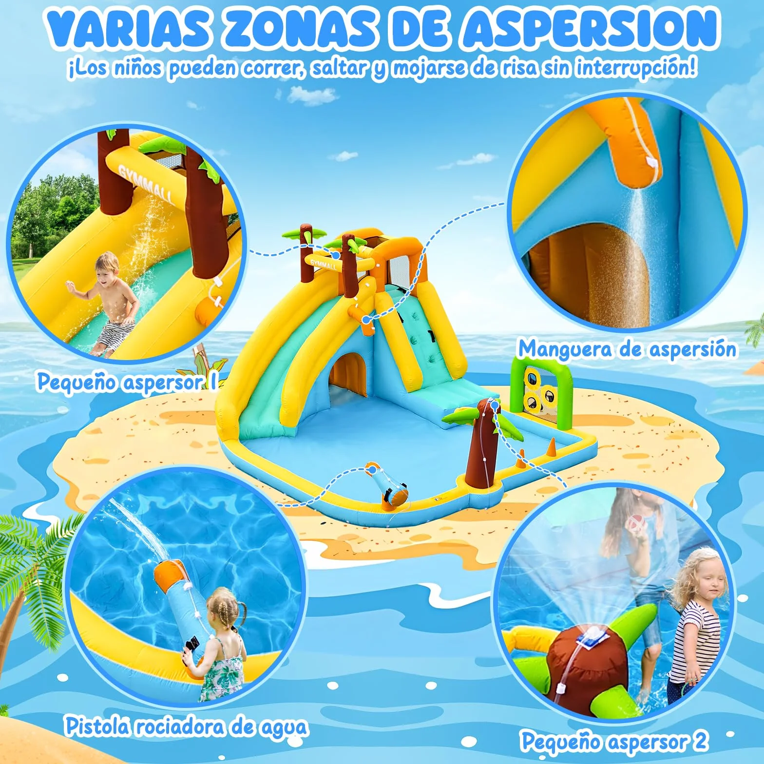 Tobogán Inflable de Agua con Ventilador 450W - Castillo Hinchable 10-en-1 para Niños en Interior y Exterior con Piscina, Aspersores y Tobogán Largo
