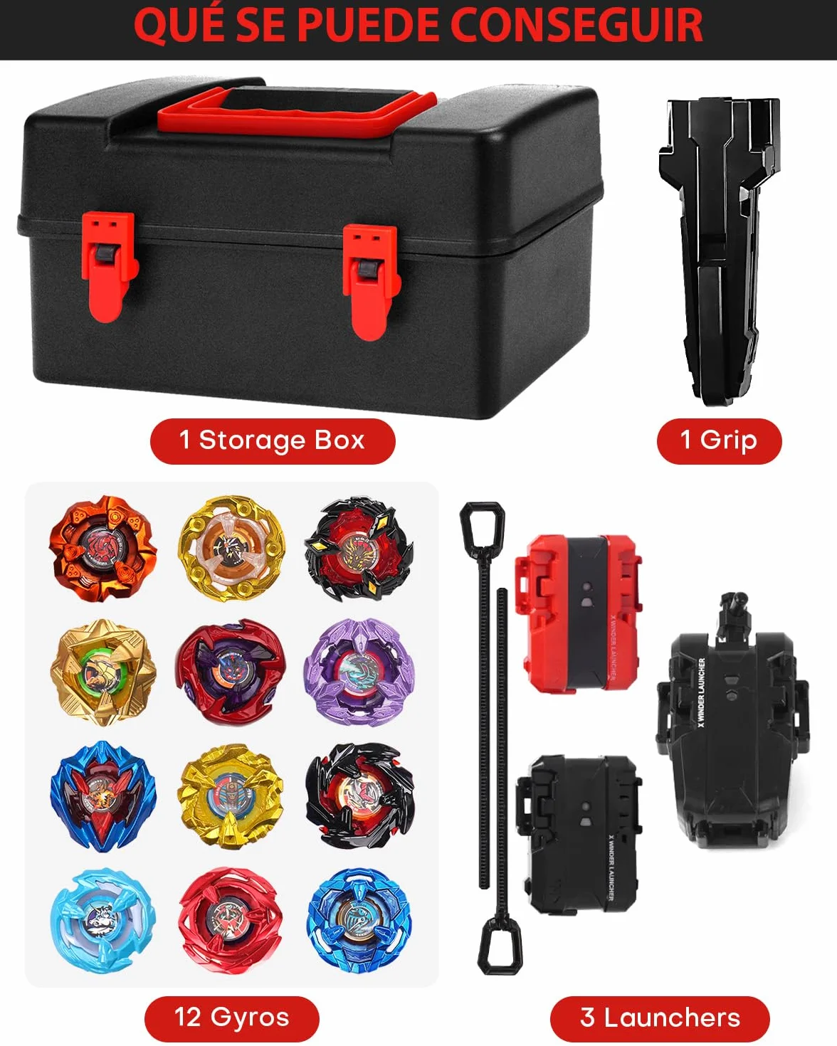 Set de Batalla X 12 Peonzas Giratorias con Lanzadores y Caja de Almacenaje Juguete para Niños 6+