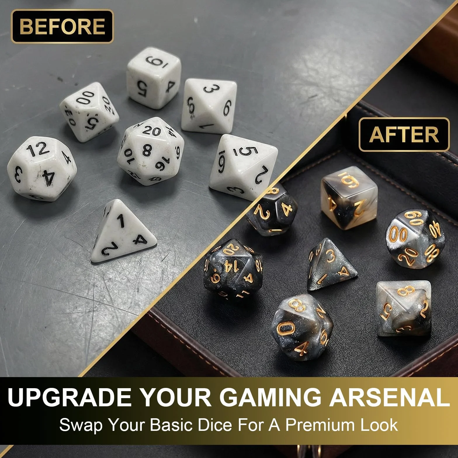 Juego 7 dados DND para Dungeon and Dragons, D&D, juegos rol, Pathfinder, juegos mesa - dados poliedros en tonos negros transparentes - combinación colores en negro, blanco y dorado