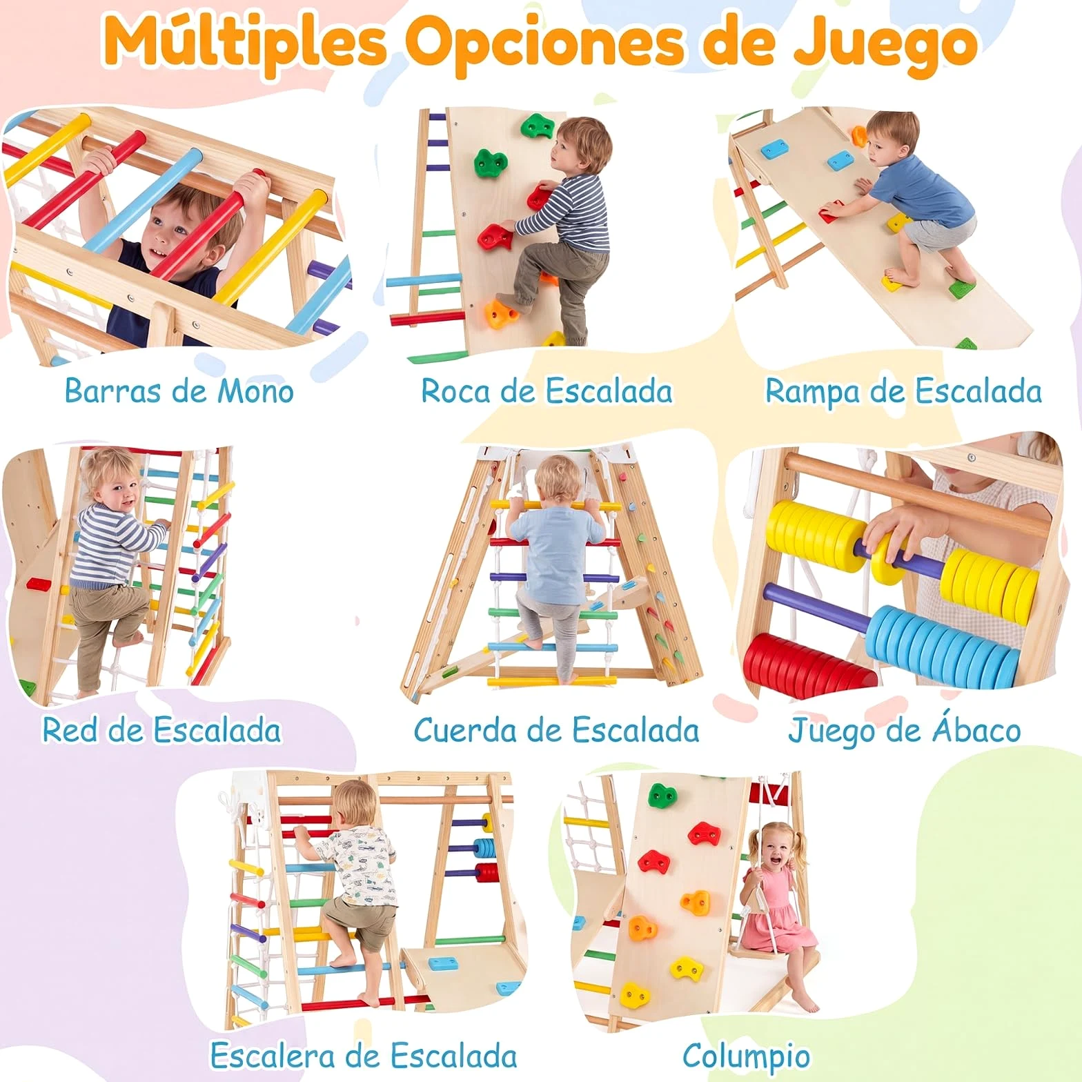 COSTWAY 8 en 1 Estructura de Escalada para Niños,Madera Maciza (Multicolor) | Juego de Escalada Montessori con Pared de Escalada, Barras de Mono y Columpio para Habitación Infantil Sala de Juego