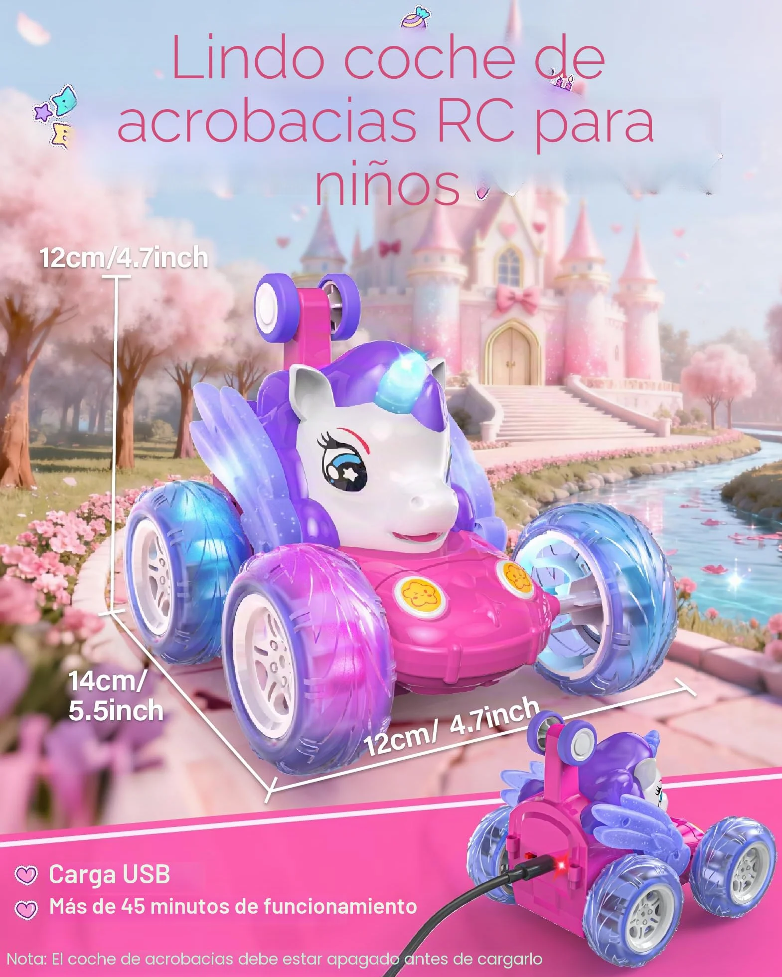 Kiztoys Unicorn Coche Teledirigido - Coches de Juguete para Niñas de 3 4 5 6 Años, Unicornio Teledirigidos Monster Truck con luz LED, Regalo de Juguete para Niñas 3+ Años